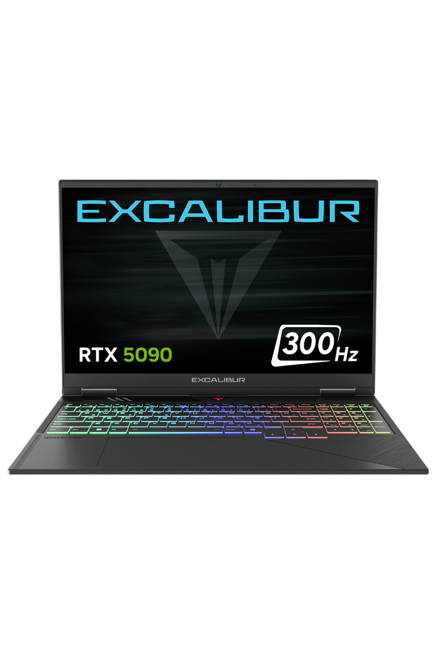 RTX 5090 ve 300Hz özellikli Excalibur dizüstü bilgisayar, RGB klavyeli.