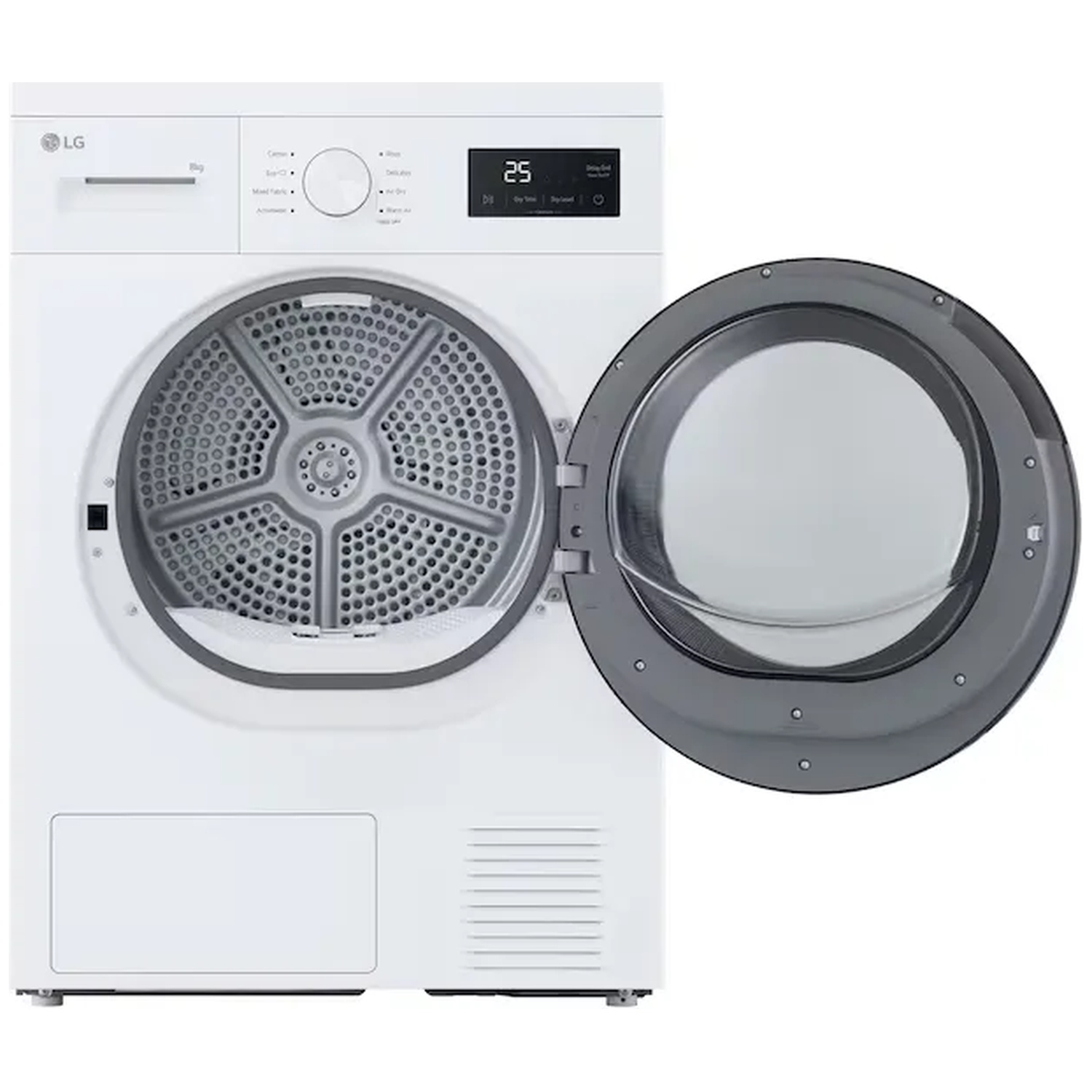 White LG dryer with open door and digital display.