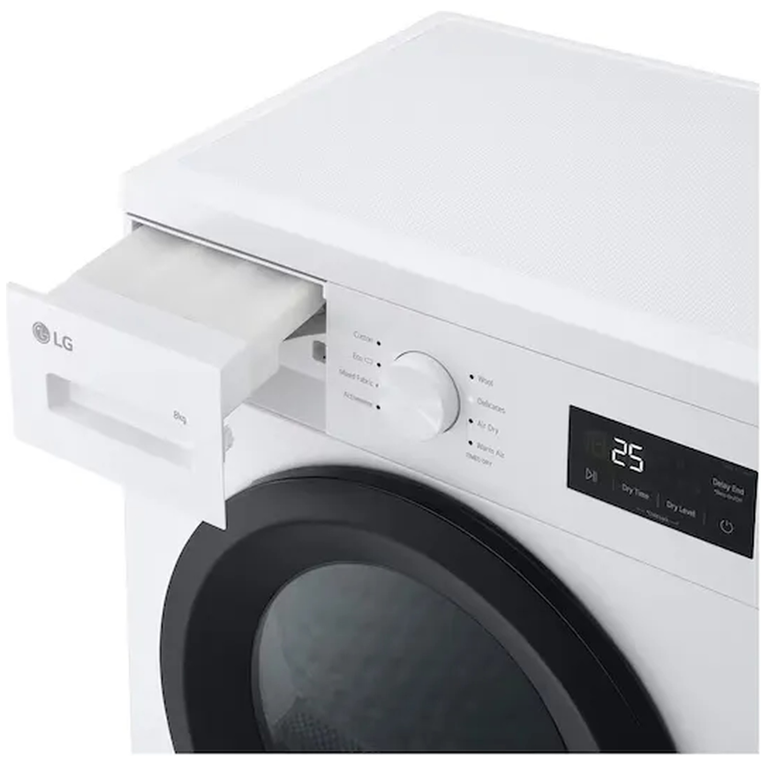 White LG washing machine with a pulled-out drawer and black door.