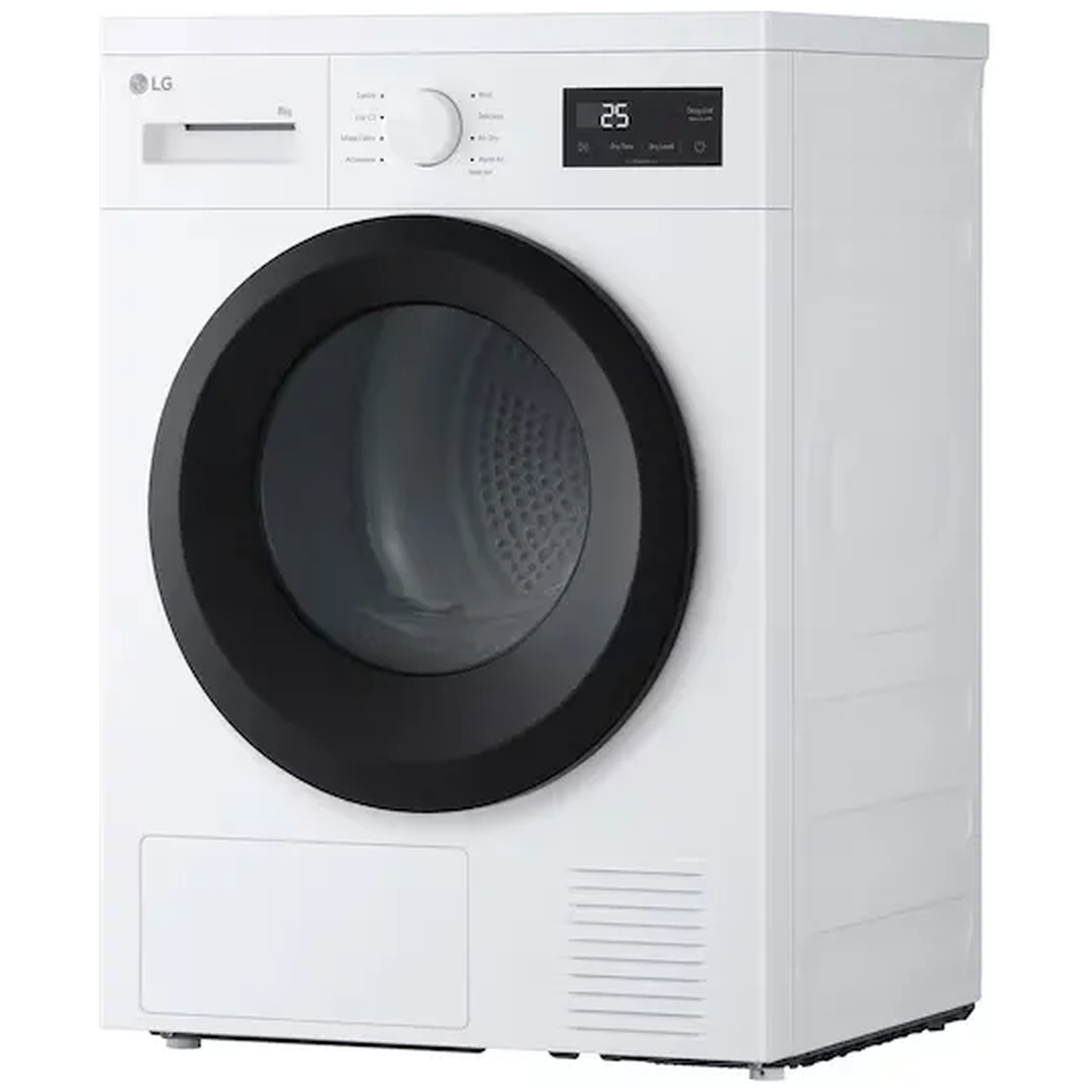 A white LG dryer with a black door and a digital display.