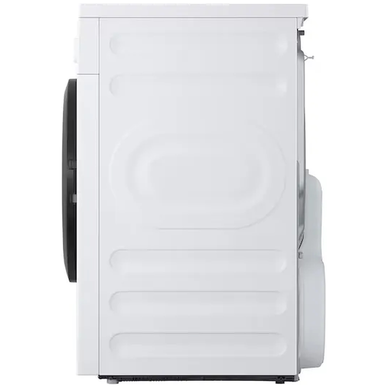 White washing machine with black door, side view.