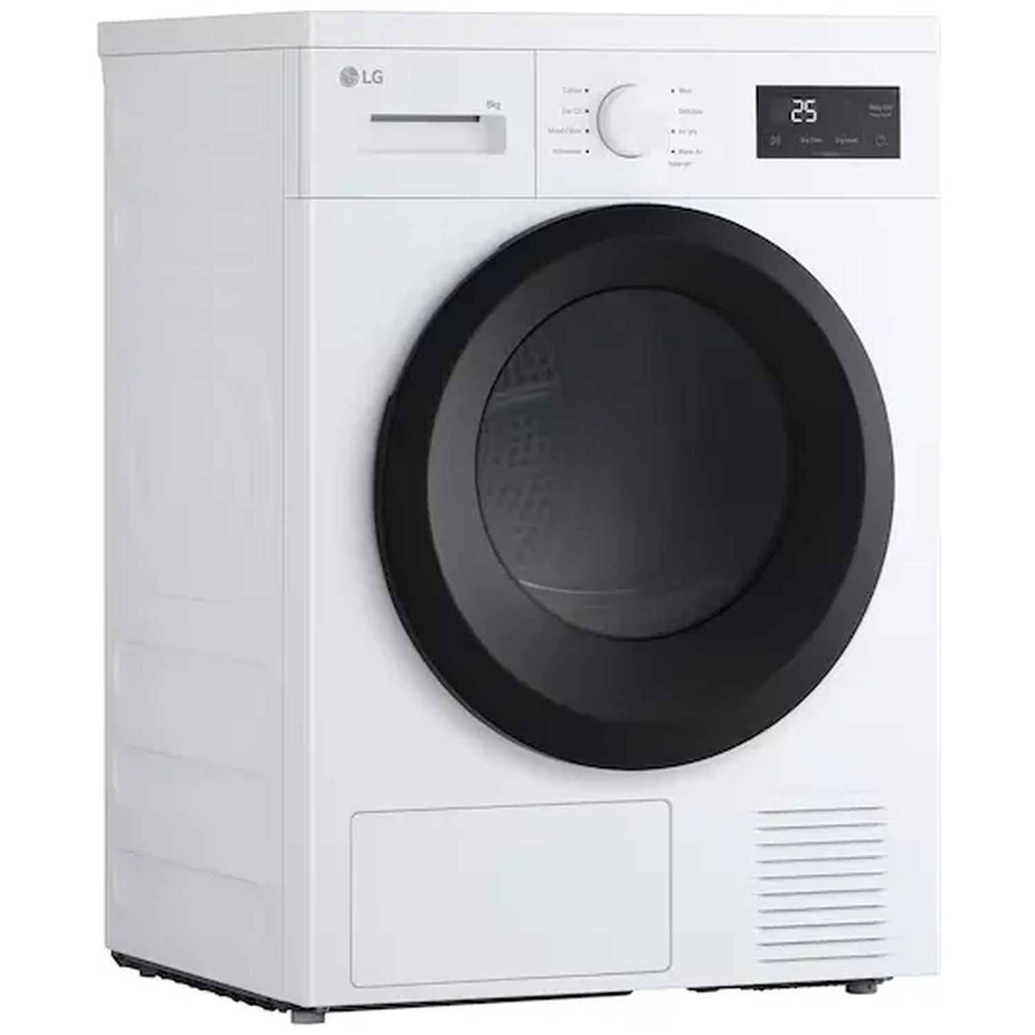A white LG dryer with a black door and digital display. It has a 9kg capacity.