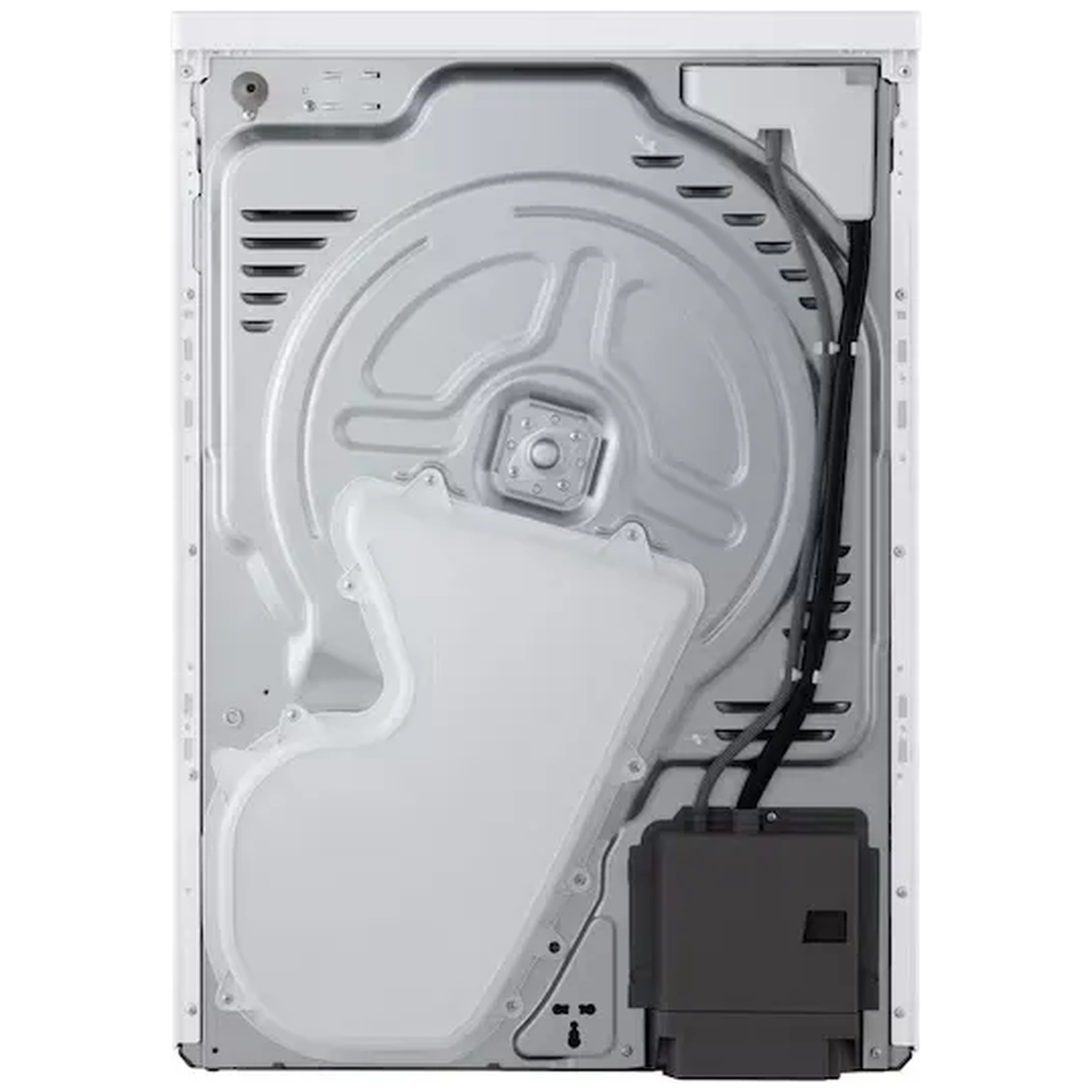 Back of a dryer showing internal components, including a water tank and wiring.