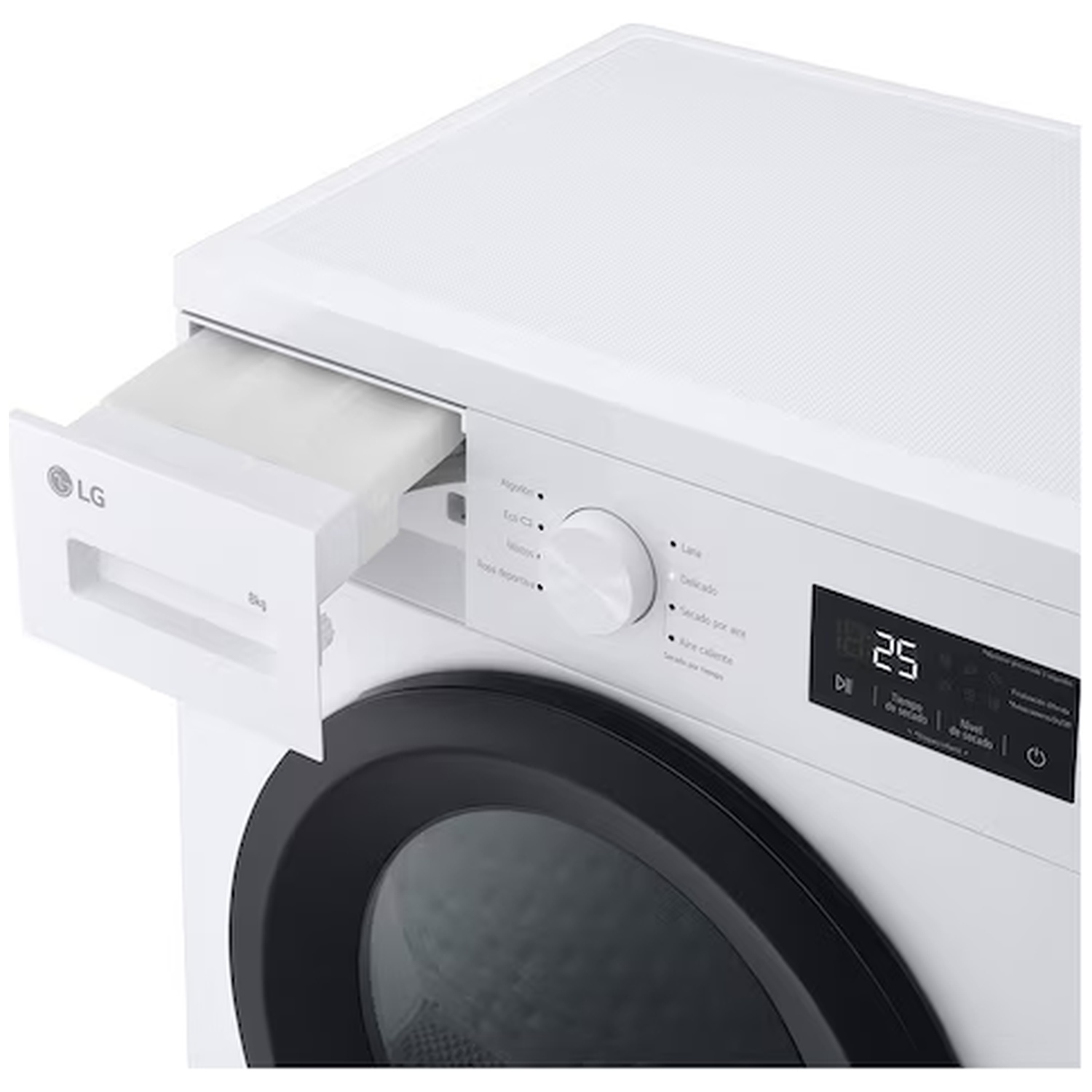 White LG washing machine with a pull-out drawer and digital display.
