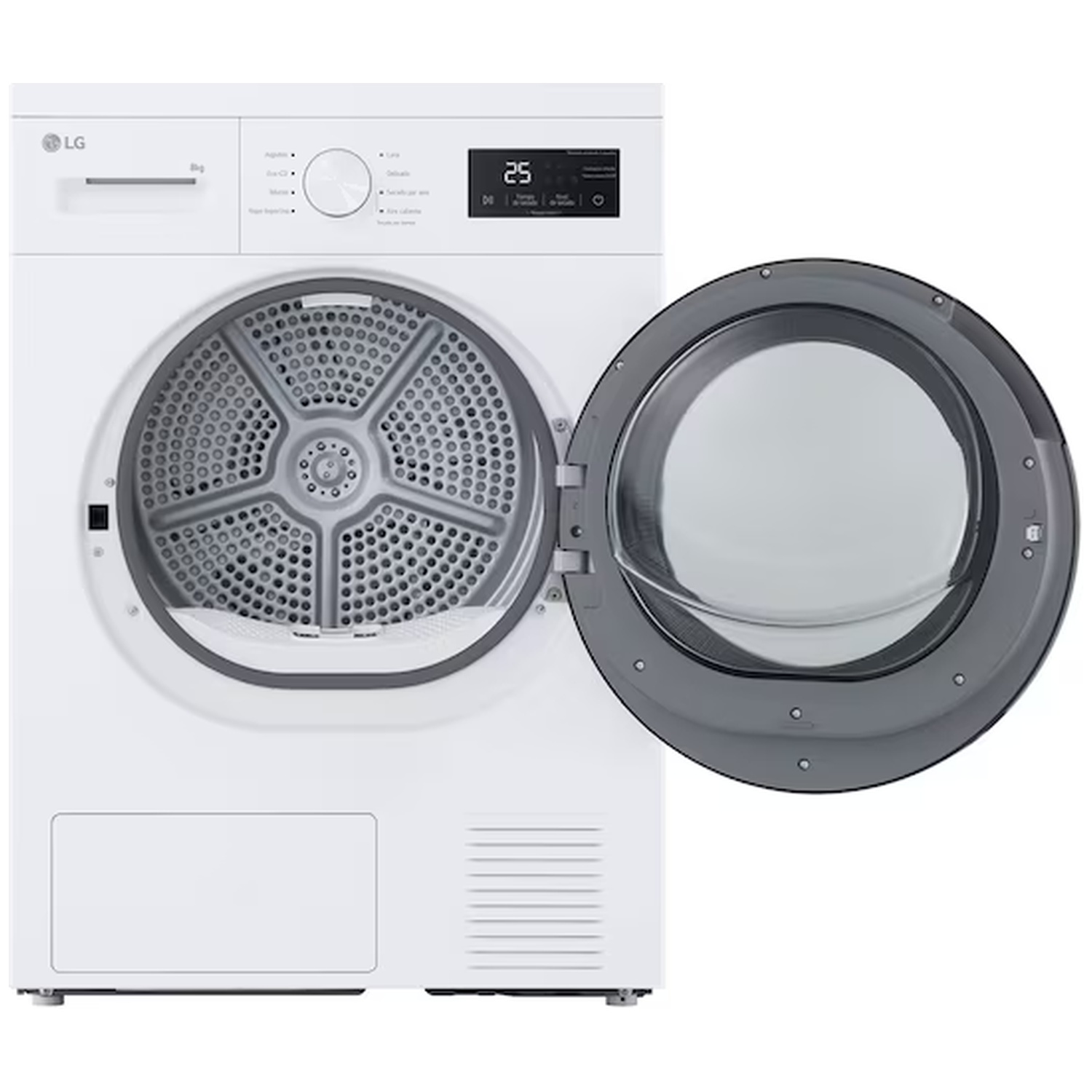 White LG dryer with open door. Drum interior visible. Control panel displays '25'.