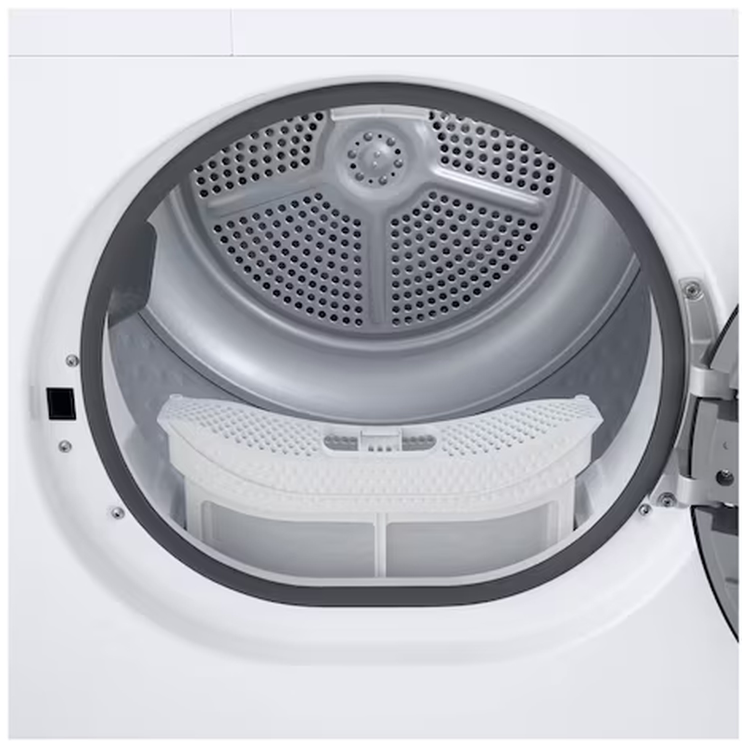 A white dryer with an open door, showing a white lint filter inside.