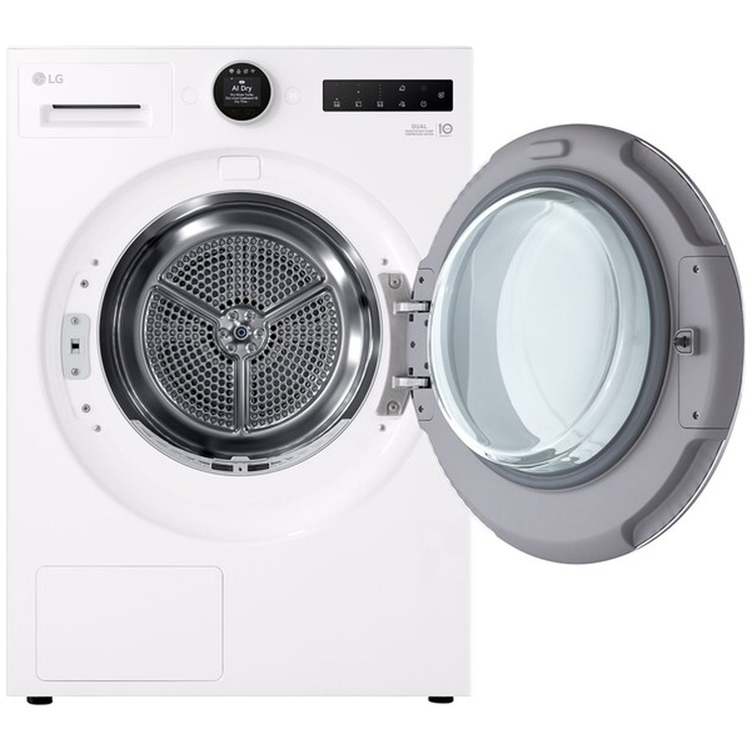 White LG washing machine with open door and silver drum.