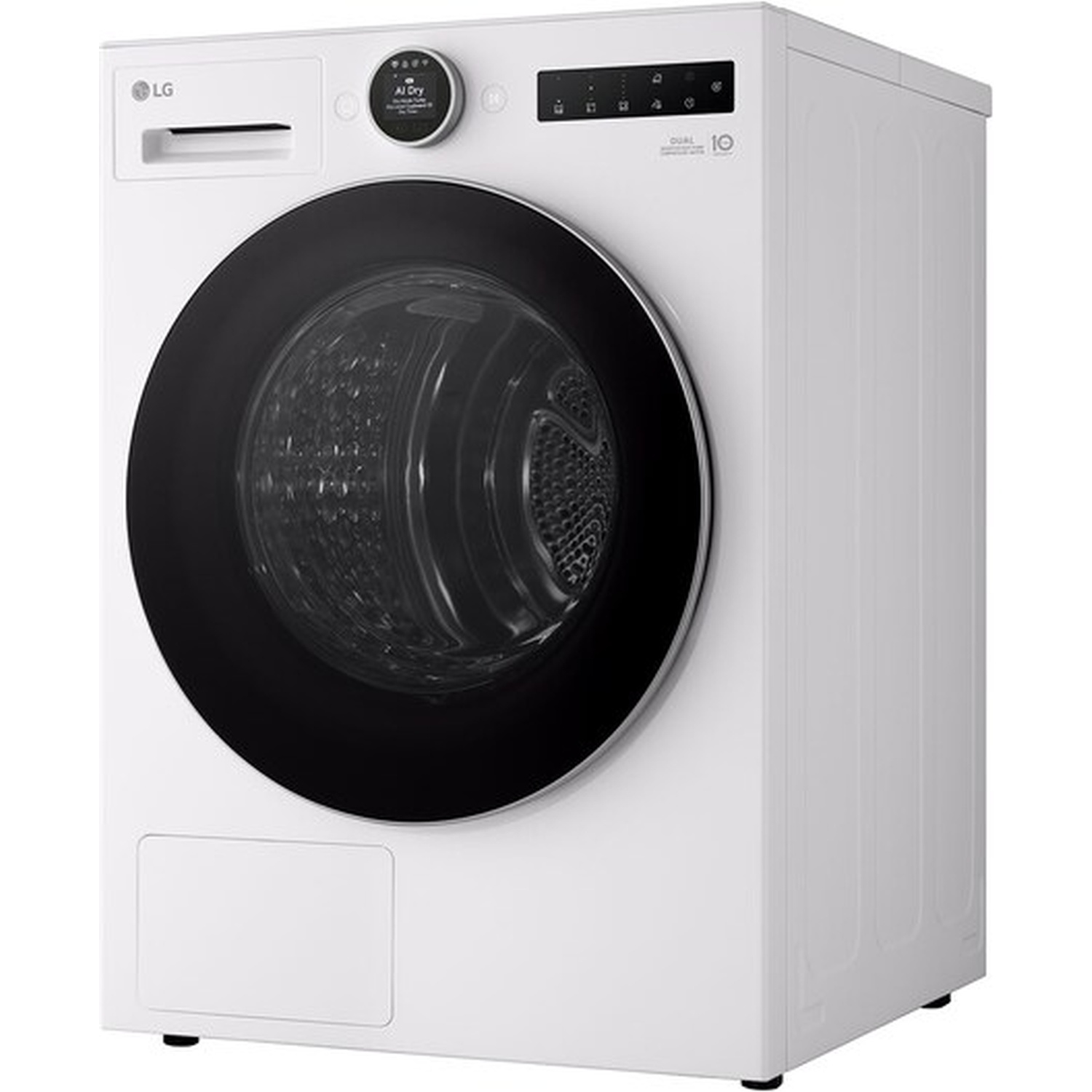A white LG washing machine with a black door and digital display.