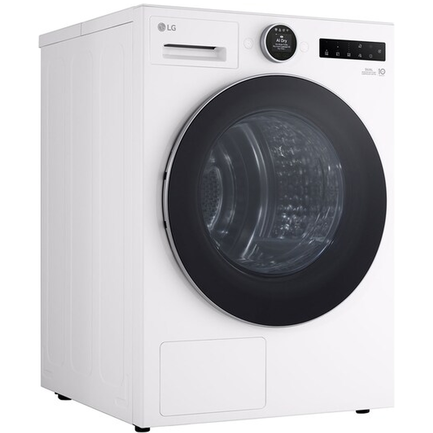White LG washing machine with black door and digital display.