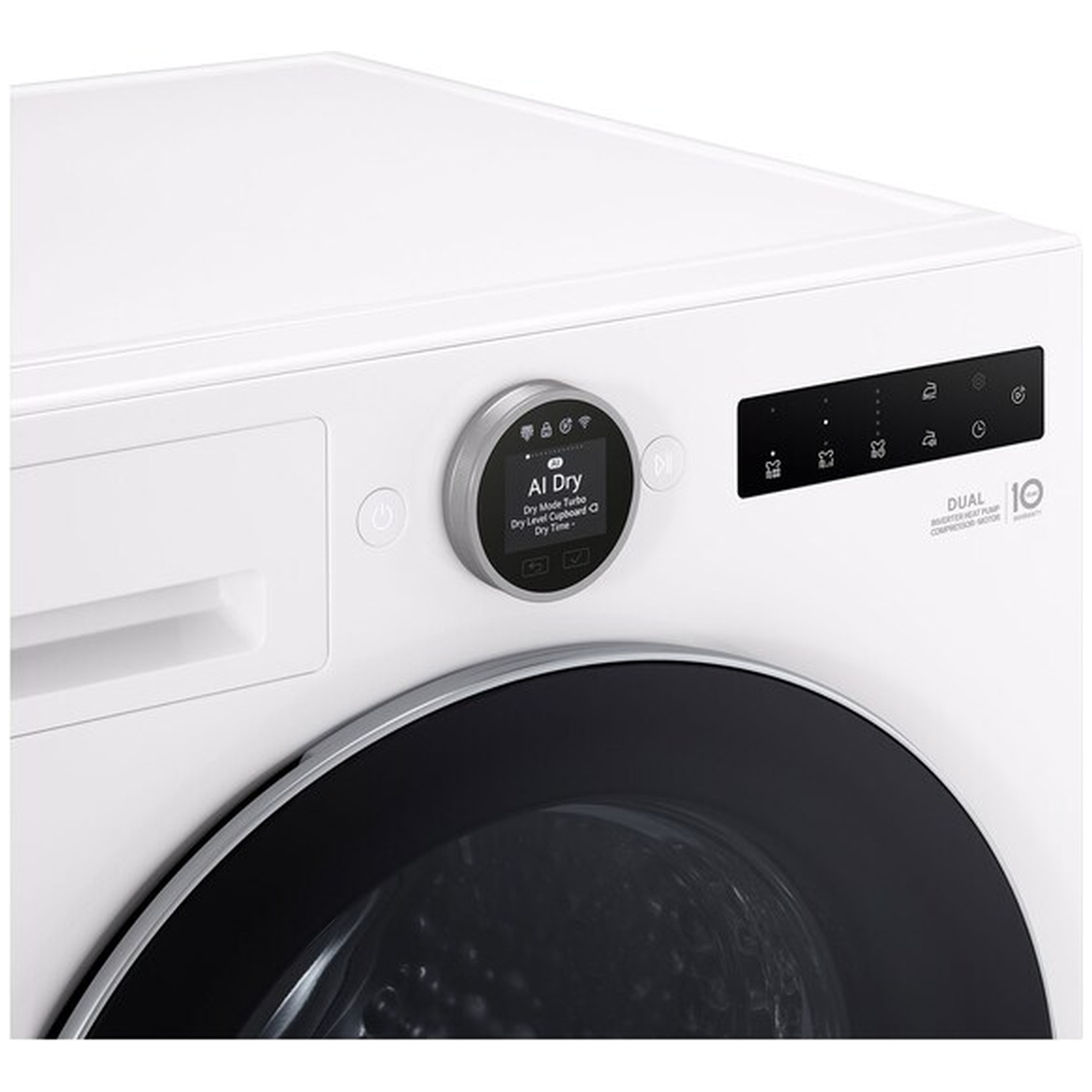 White washing machine with a digital display and black door.