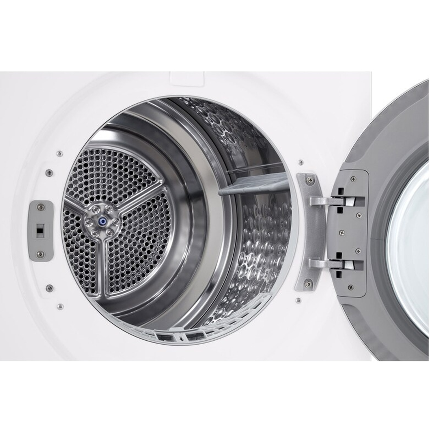 Interior of a white clothes dryer with its gray door open.