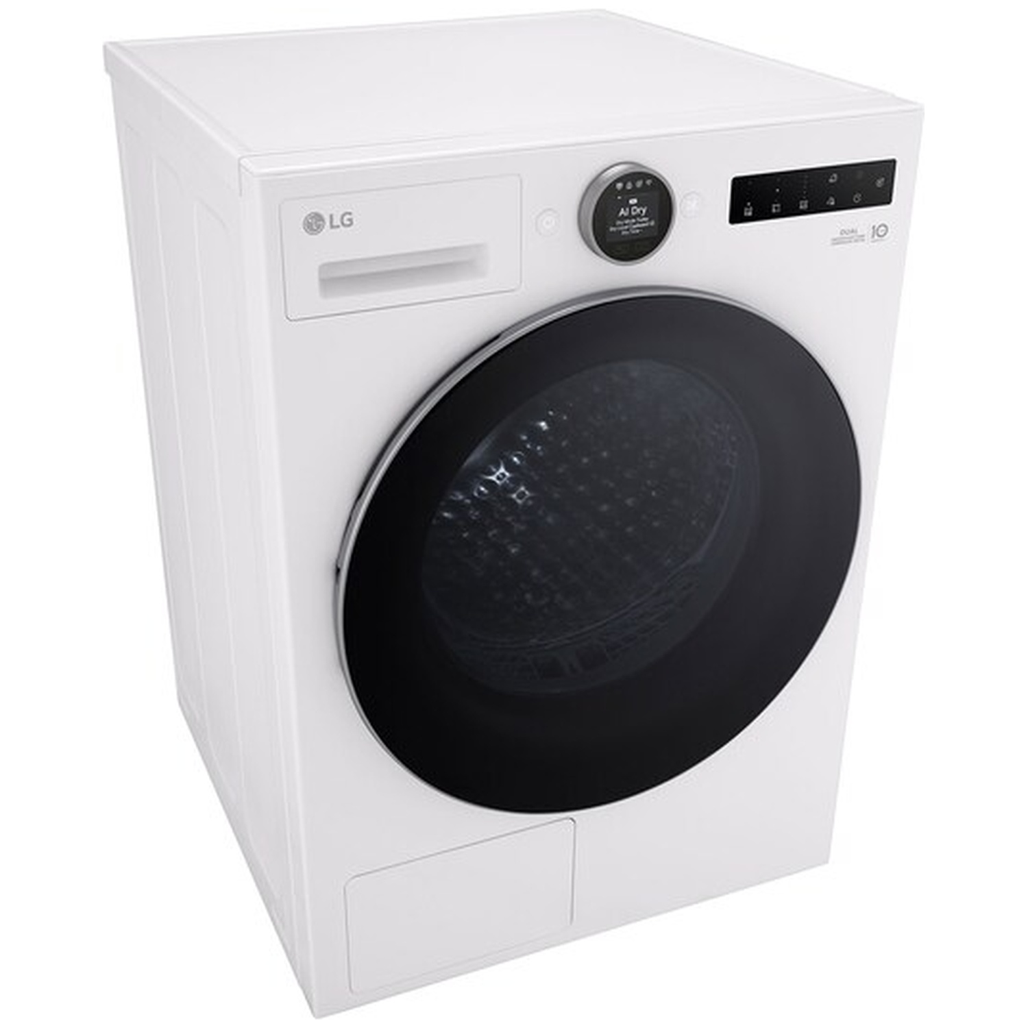 White LG washing machine with a black round door and digital display.