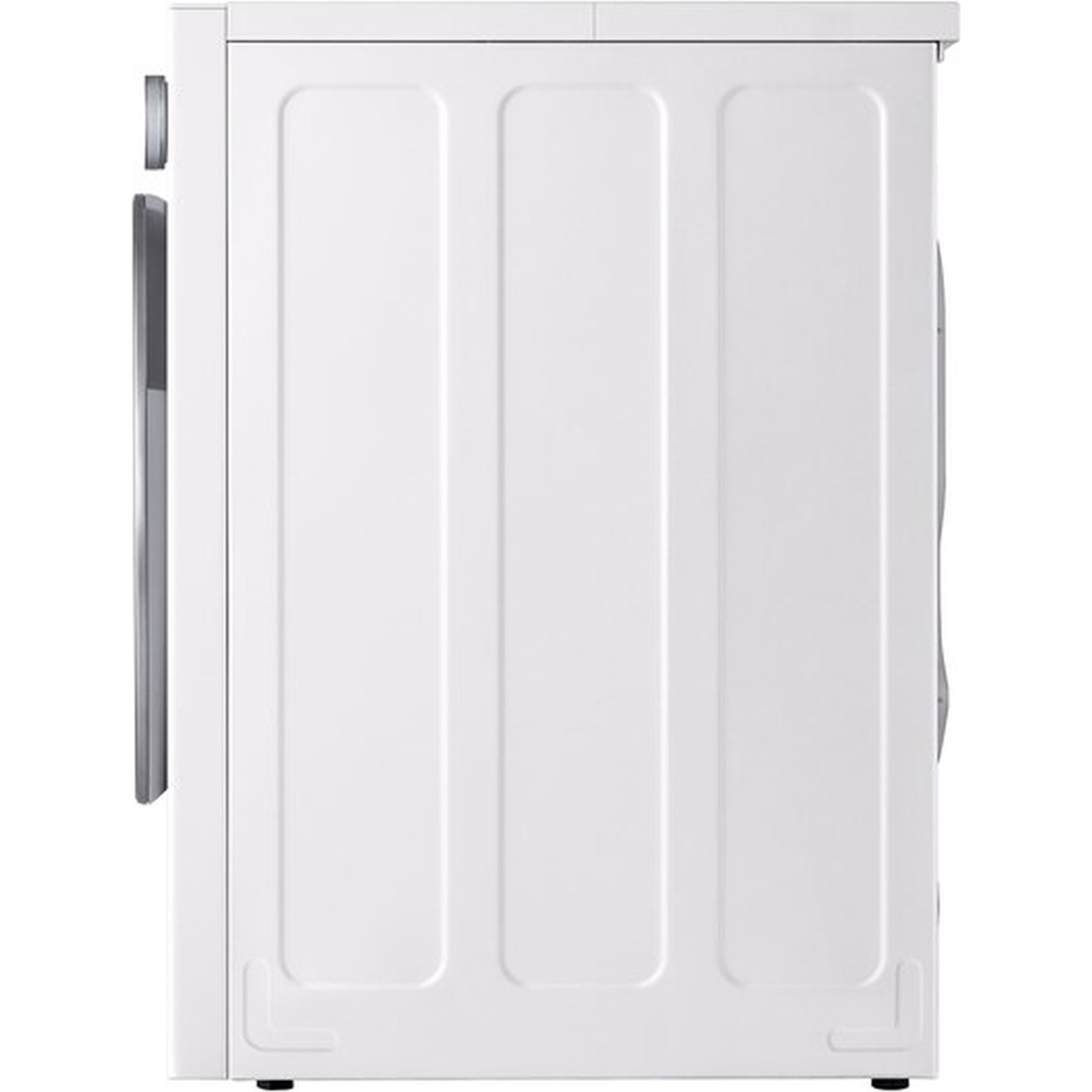White washing machine seen from the side with vertical panels and a silver handle.