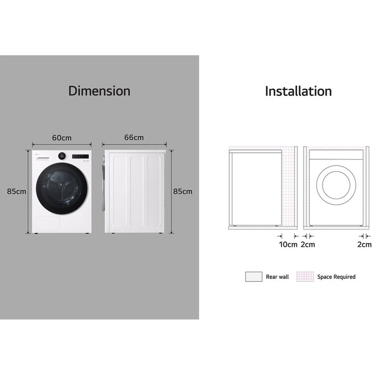 Washer dimensions and installation clearances: H 85cm, W 60cm, D 66cm. Spacing 10cm/2cm.