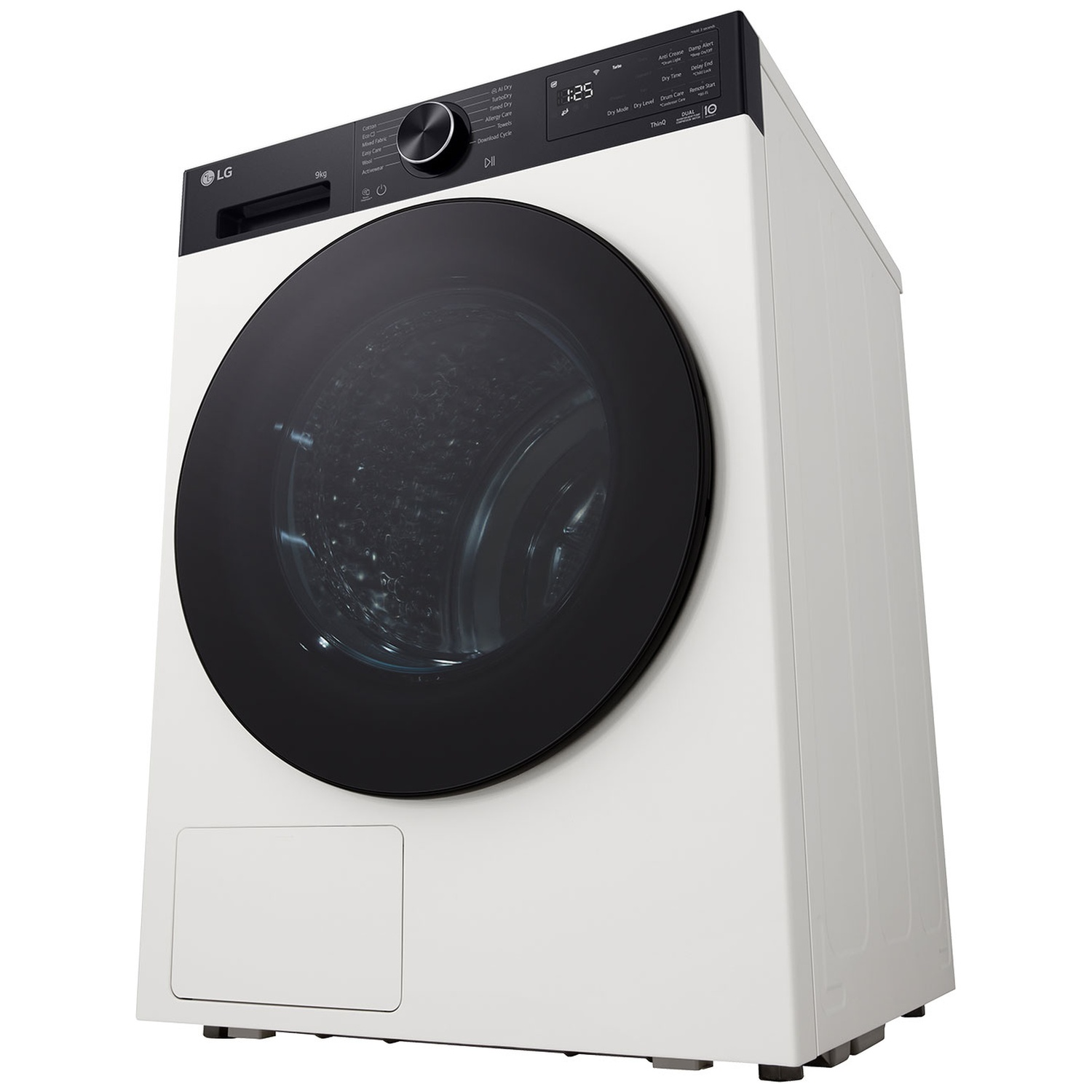 White LG washing machine with a black door, display, and dial.