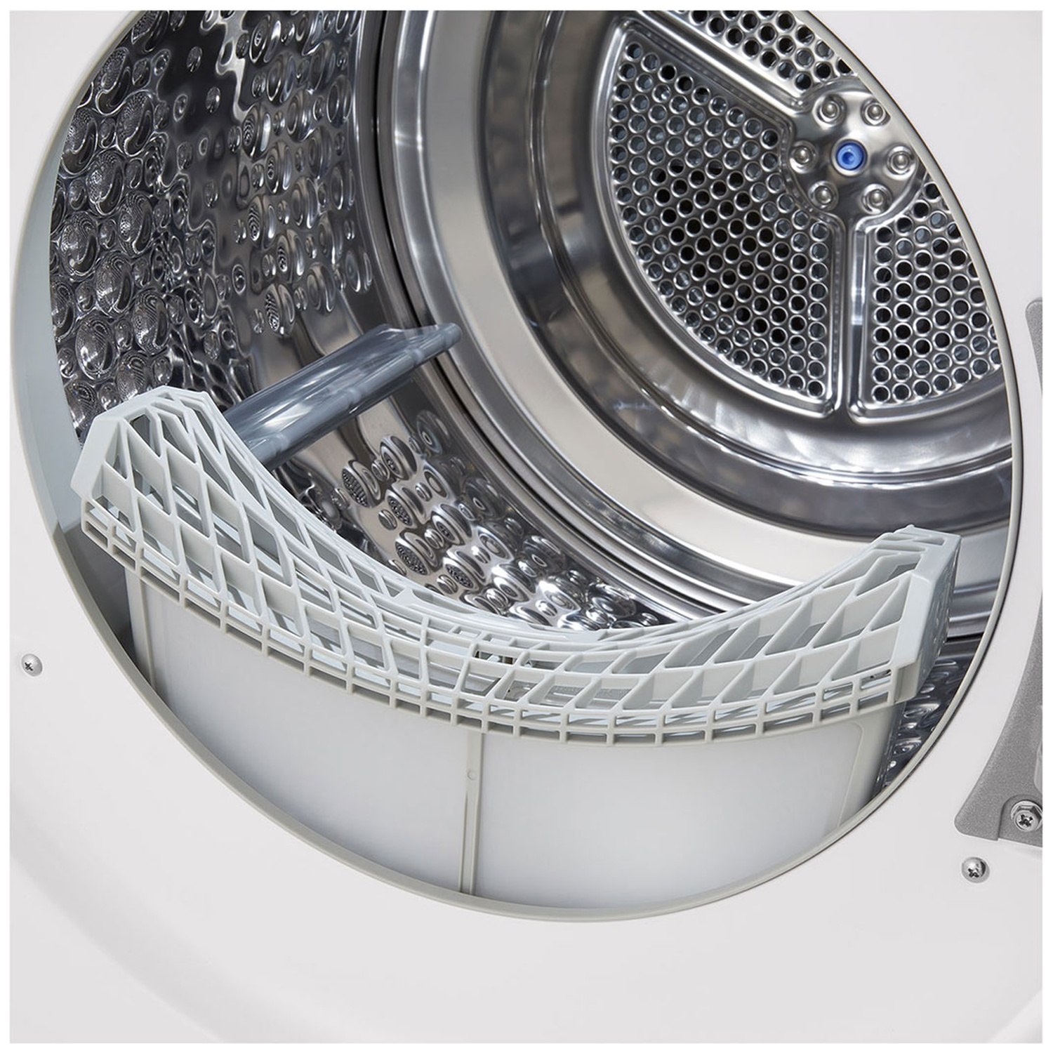 Interior view of a dryer drum with filter and paddle.