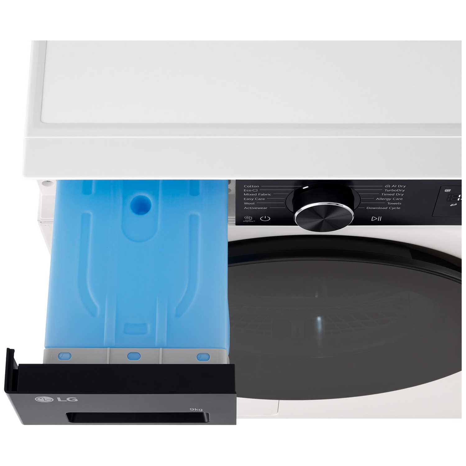 Front view of a white LG washing machine with a blue detergent drawer extended.