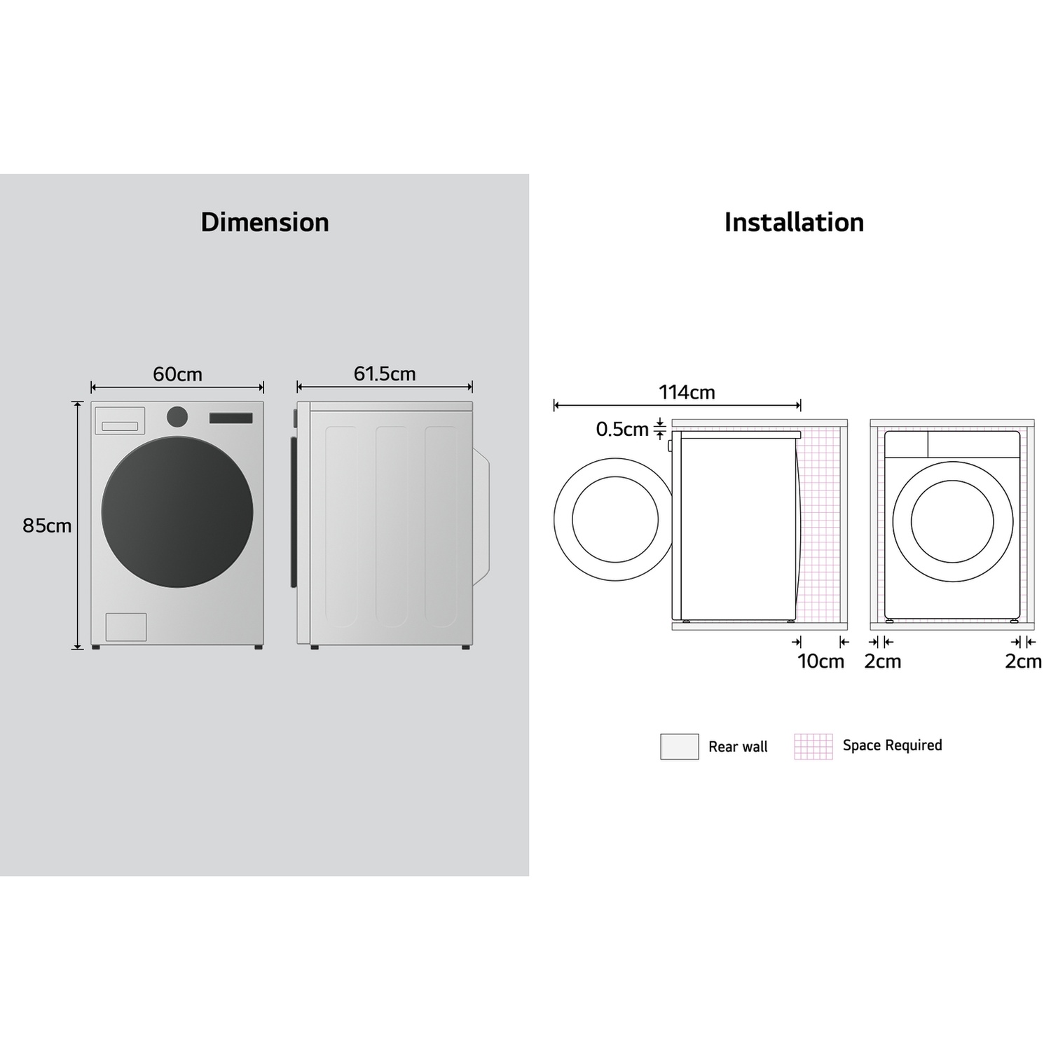 Illustrations of a washing machine, dimensions, and installation spacing.