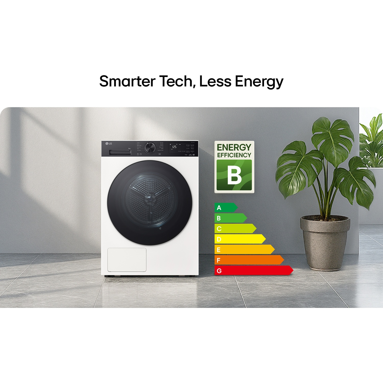 LG dryer with energy efficiency rating B, next to a potted plant.