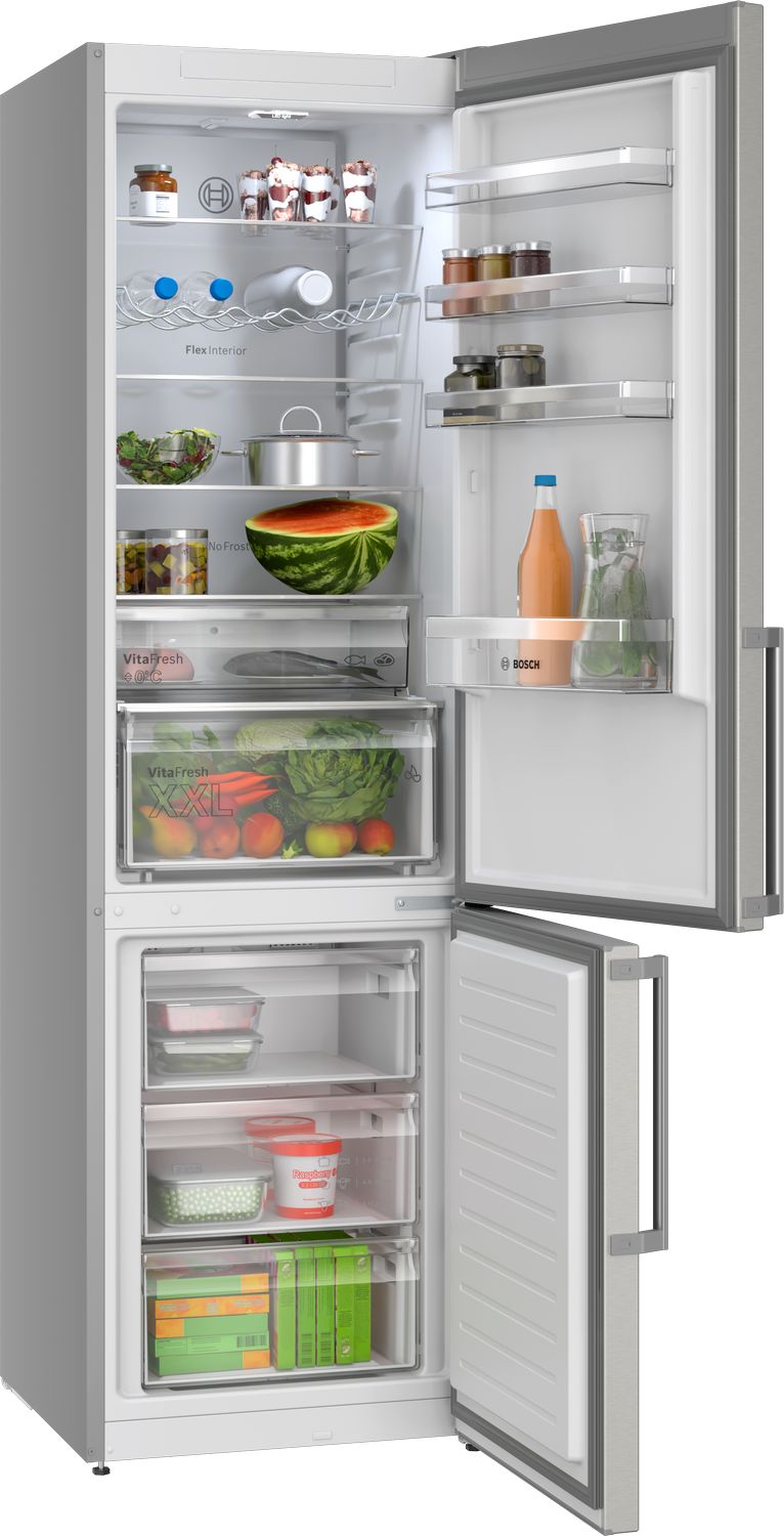 Un refrigerador abierto lleno de comida, incluyendo frutas, verduras, bebidas y postres.