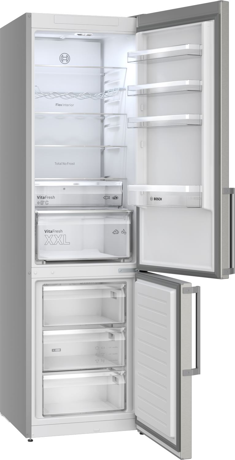 Un frigorífico Bosch abierto con estantes de cristal y tres cajones.