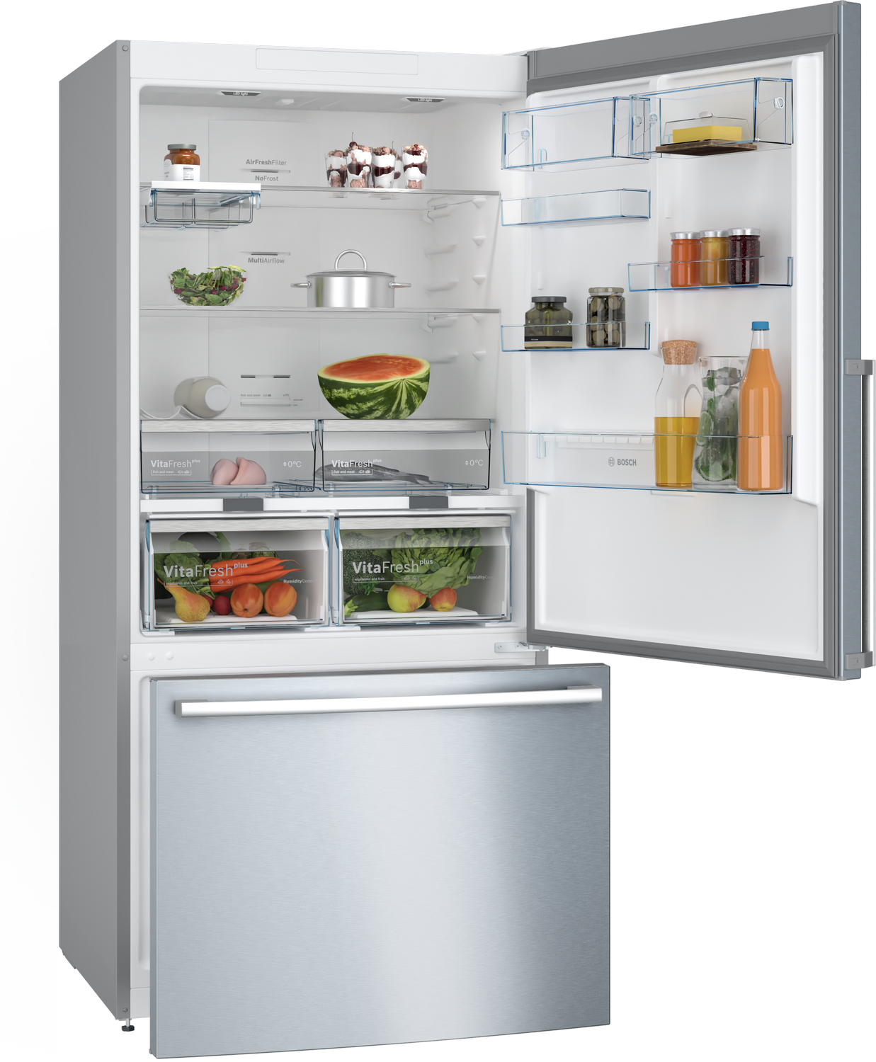 Un refrigerador abierto lleno de comida, incluyendo sandía, frutas y verduras.