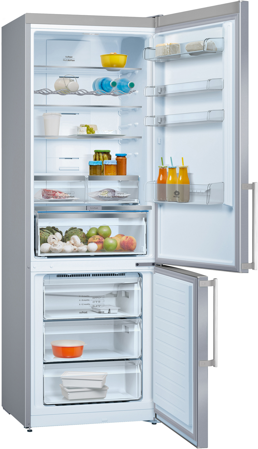 Refrigerador abierto con comida: verduras, frutas, botellas, frascos y recipientes.