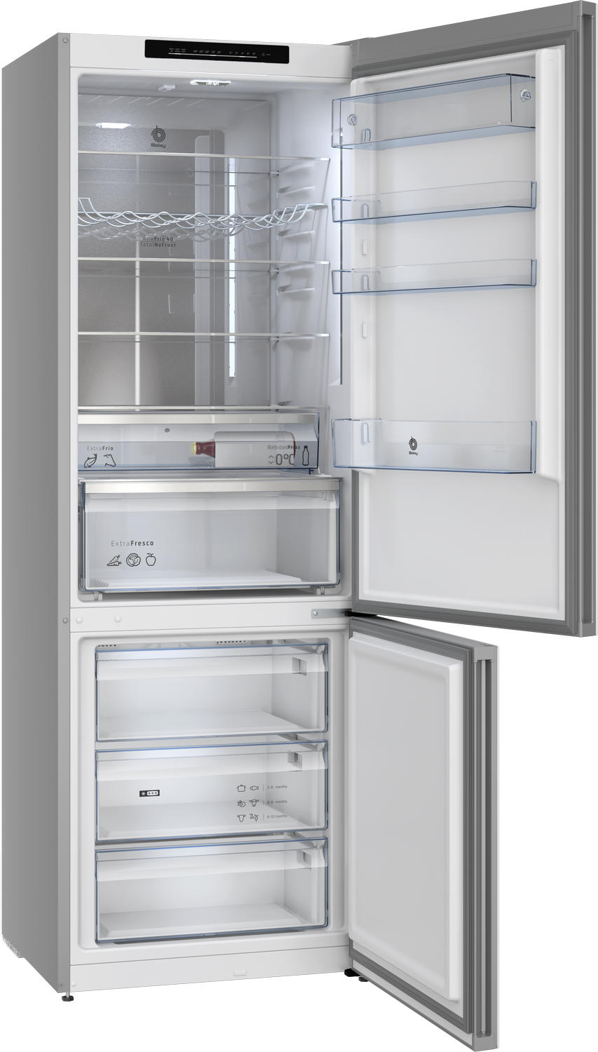Un refrigerador vacío con puertas y cajones abiertos. Estantes de vidrio y contenedores transparentes.