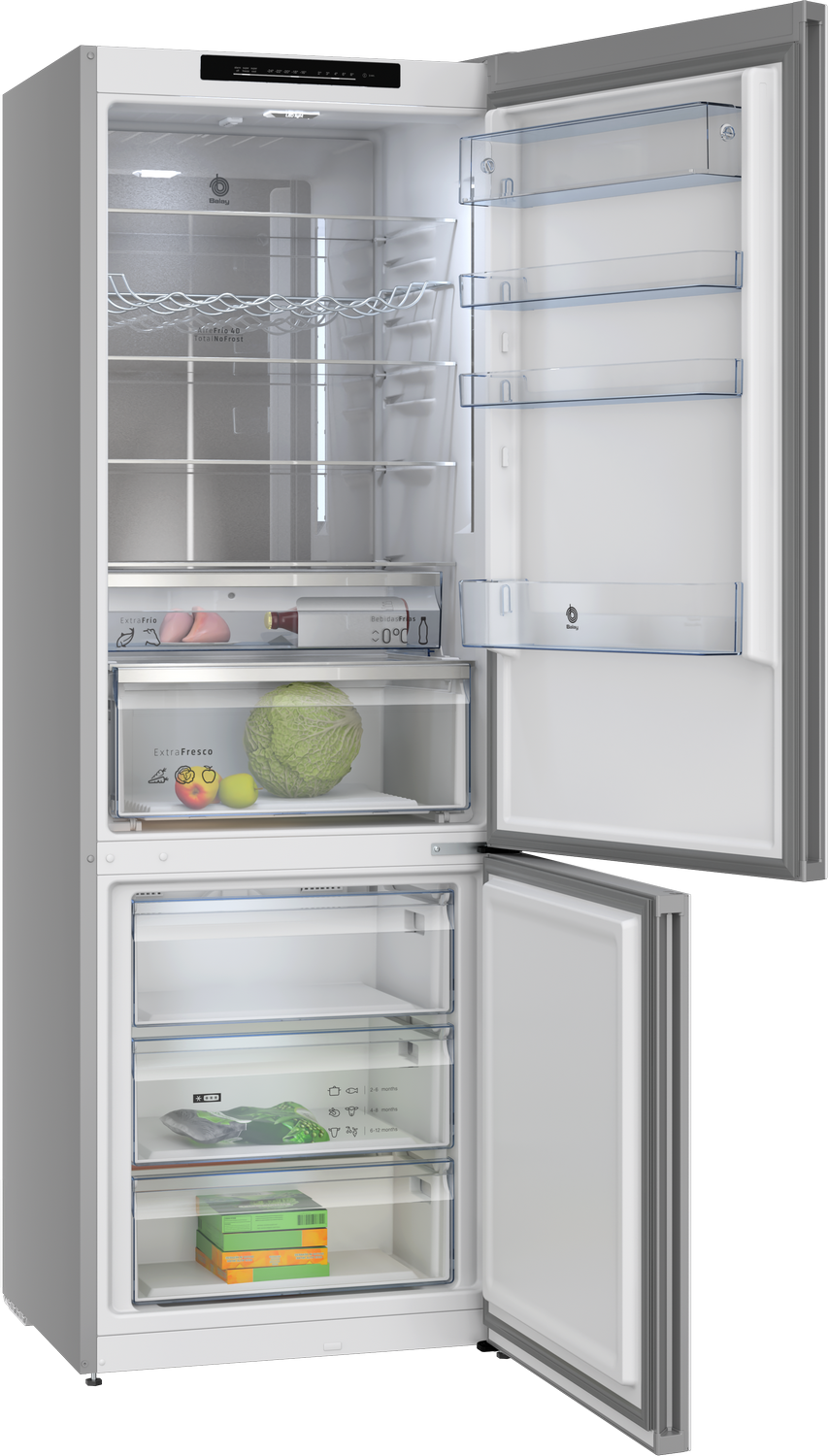 Un refrigerador abierto con estantes de cristal, cajones y alimentos.