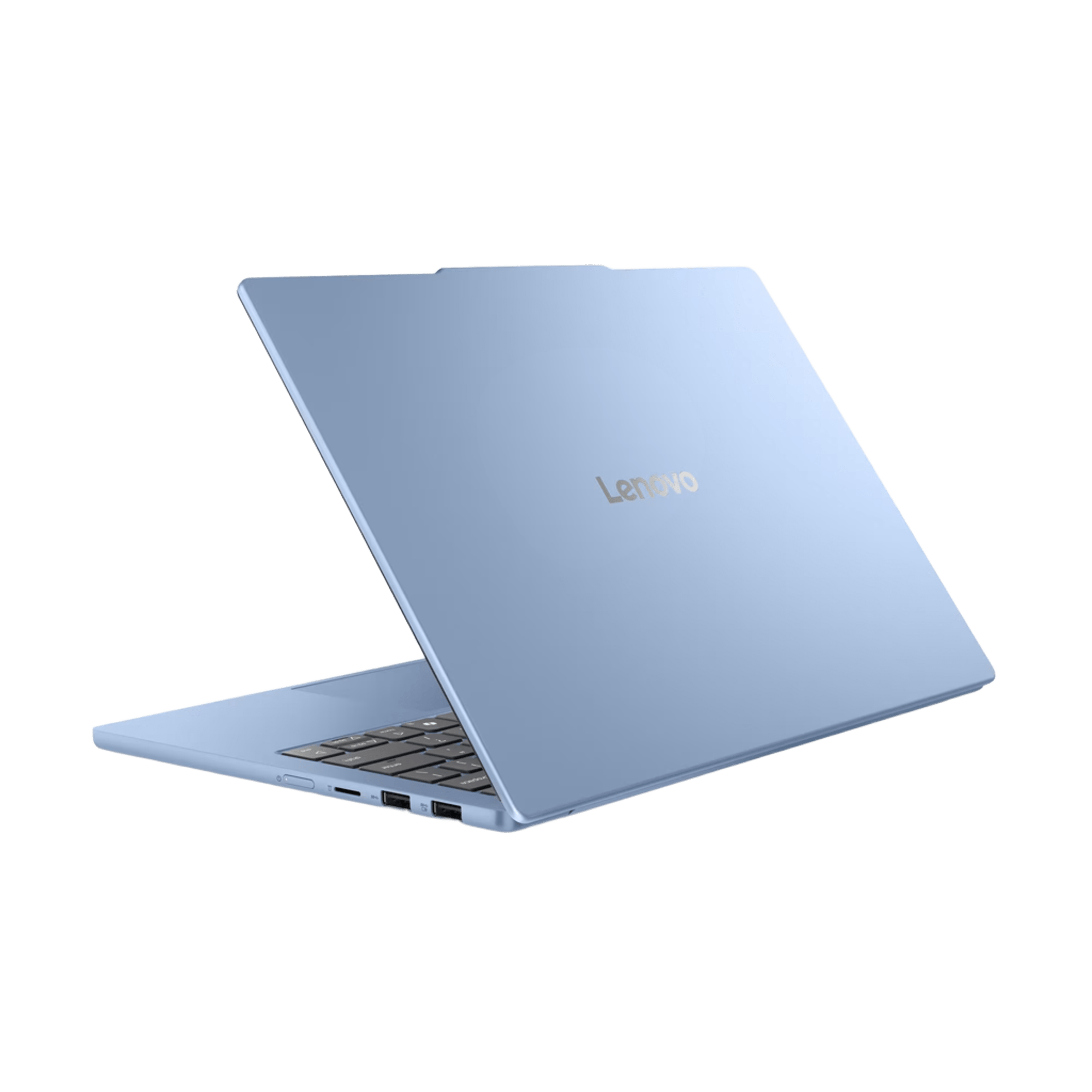 Açık mavi bir Lenovo dizüstü bilgisayar açık, klavyesi ve bağlantı noktaları görünüyor.