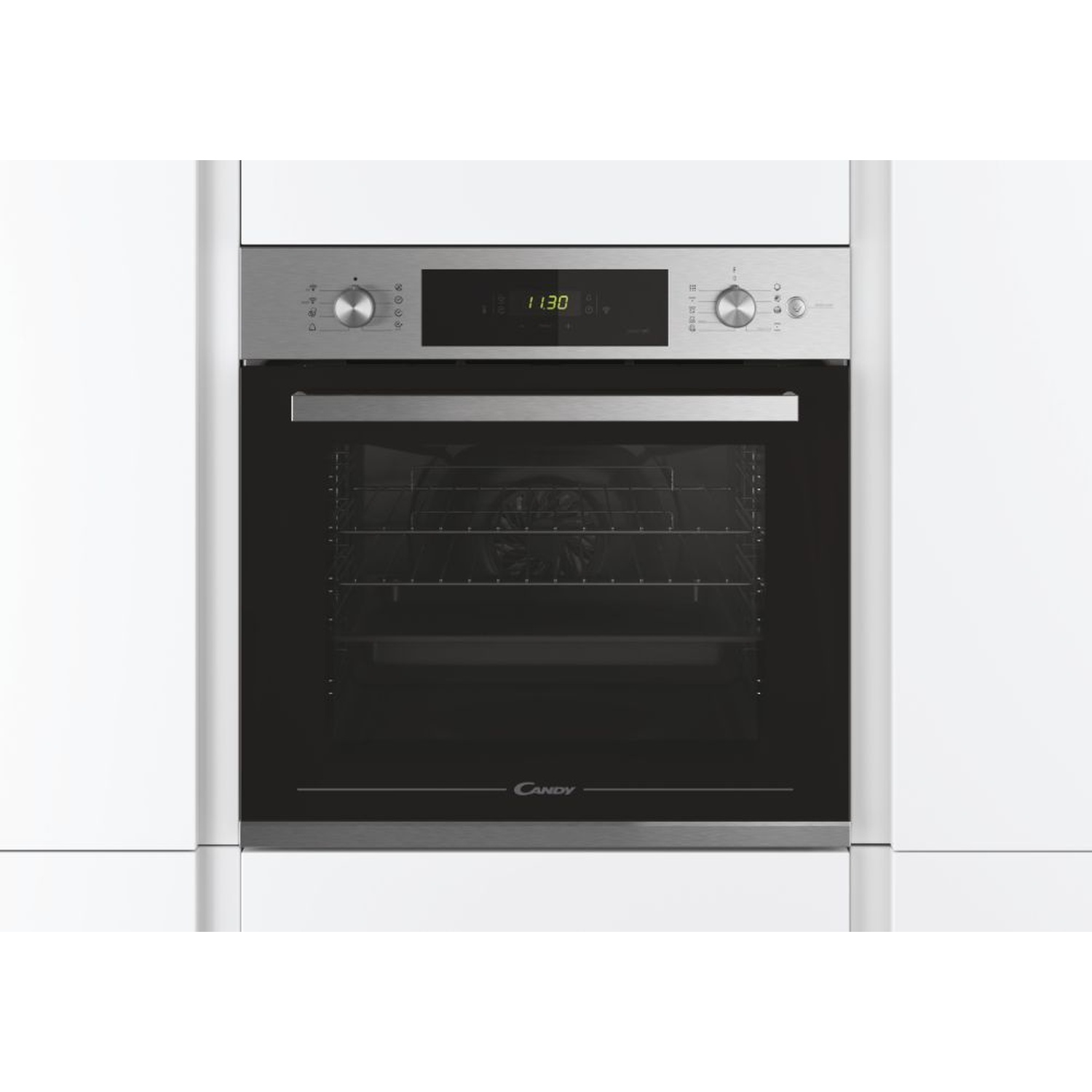 Un moderno forno da incasso in acciaio inox con porta in vetro nero e display digitale.