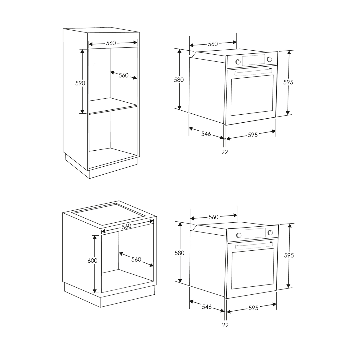 Disegni tecnici di elettrodomestici e mobili da cucina con dimensioni.
