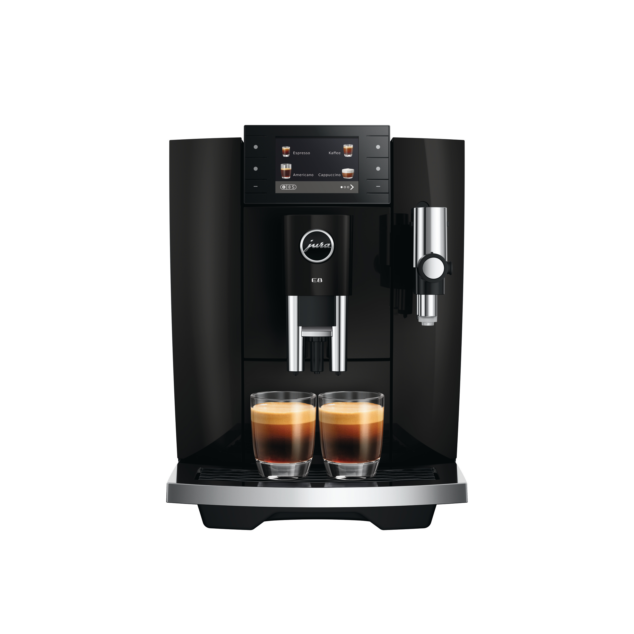 Schwarze Jura E8 Kaffeemaschine mit zwei Gläsern Espresso.