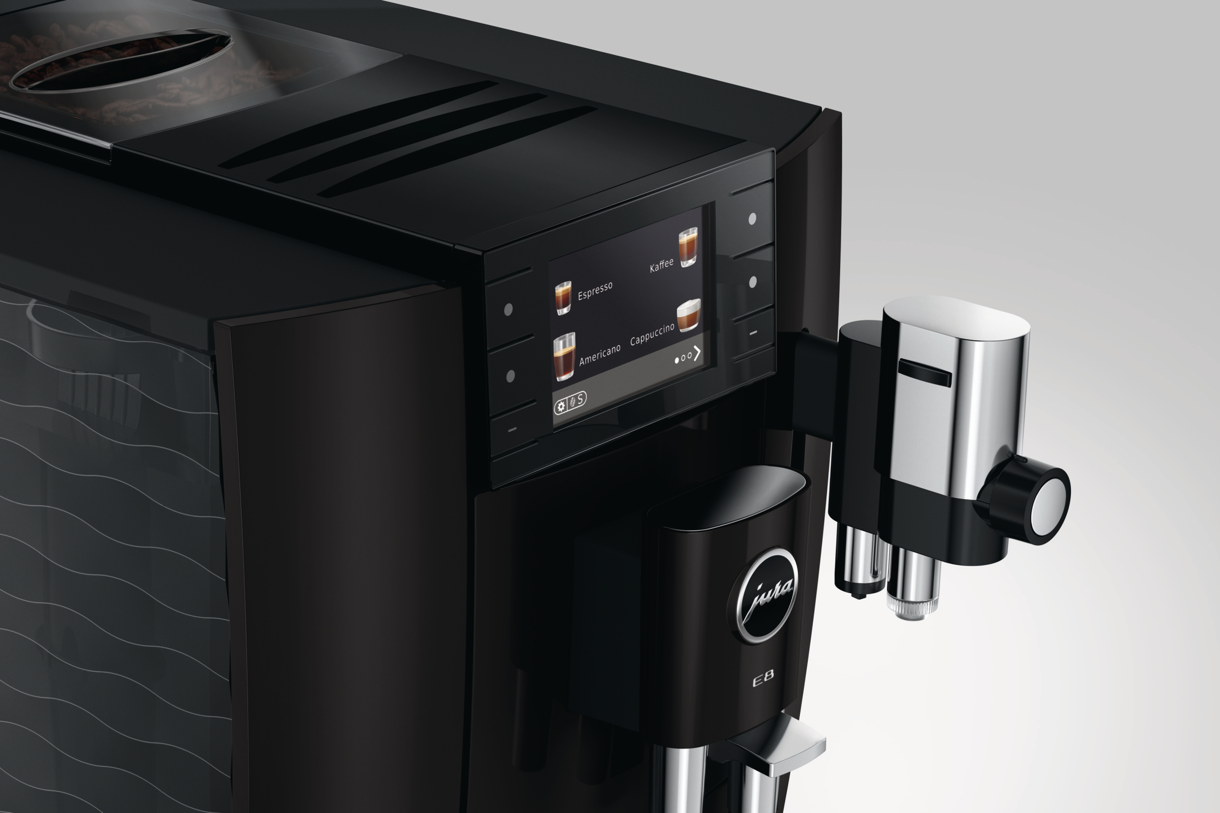 Eine schwarze Kaffeemaschine mit Touchscreen zeigt Kaffeegetränke an.