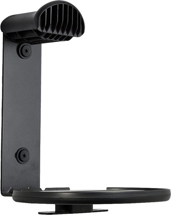 Schwarze Kopfhörerhalterung an der Wand montiert, mit Haken und Ablage.