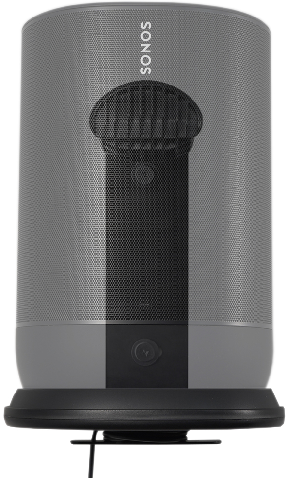 Grauer zylindrischer Sonos-Lautsprecher mit schwarzem Gitter und Basis.