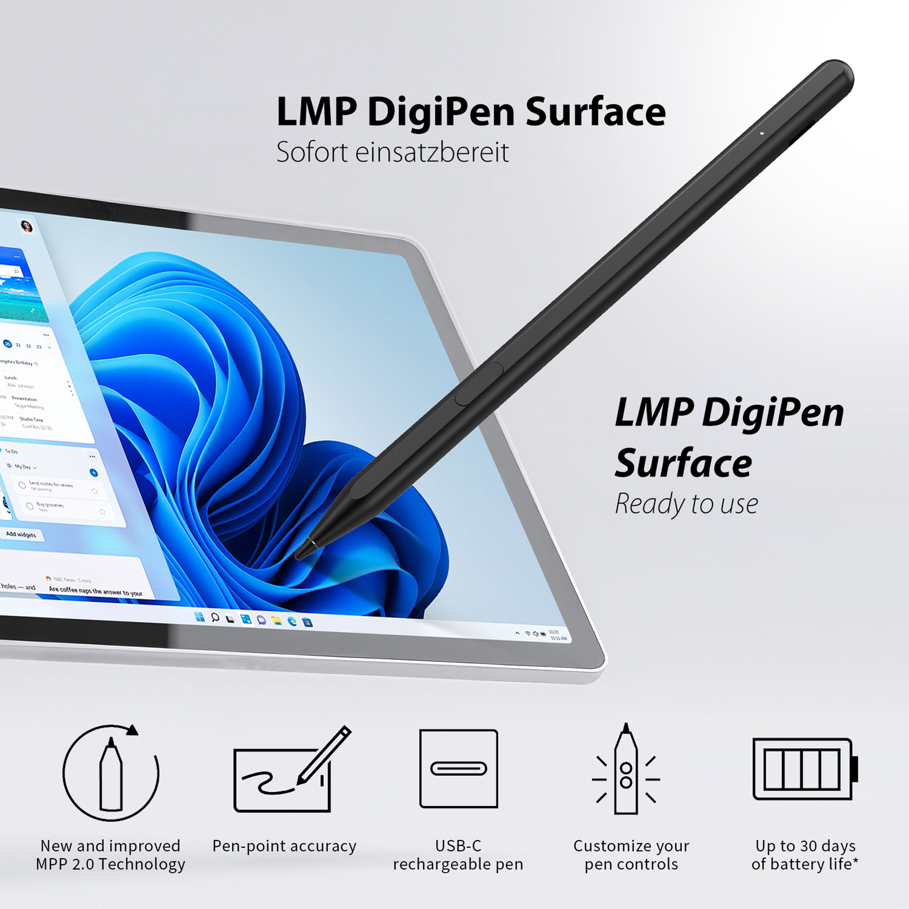 Un stylet noir repose sur un ordinateur portable affichant l'interface Windows.
