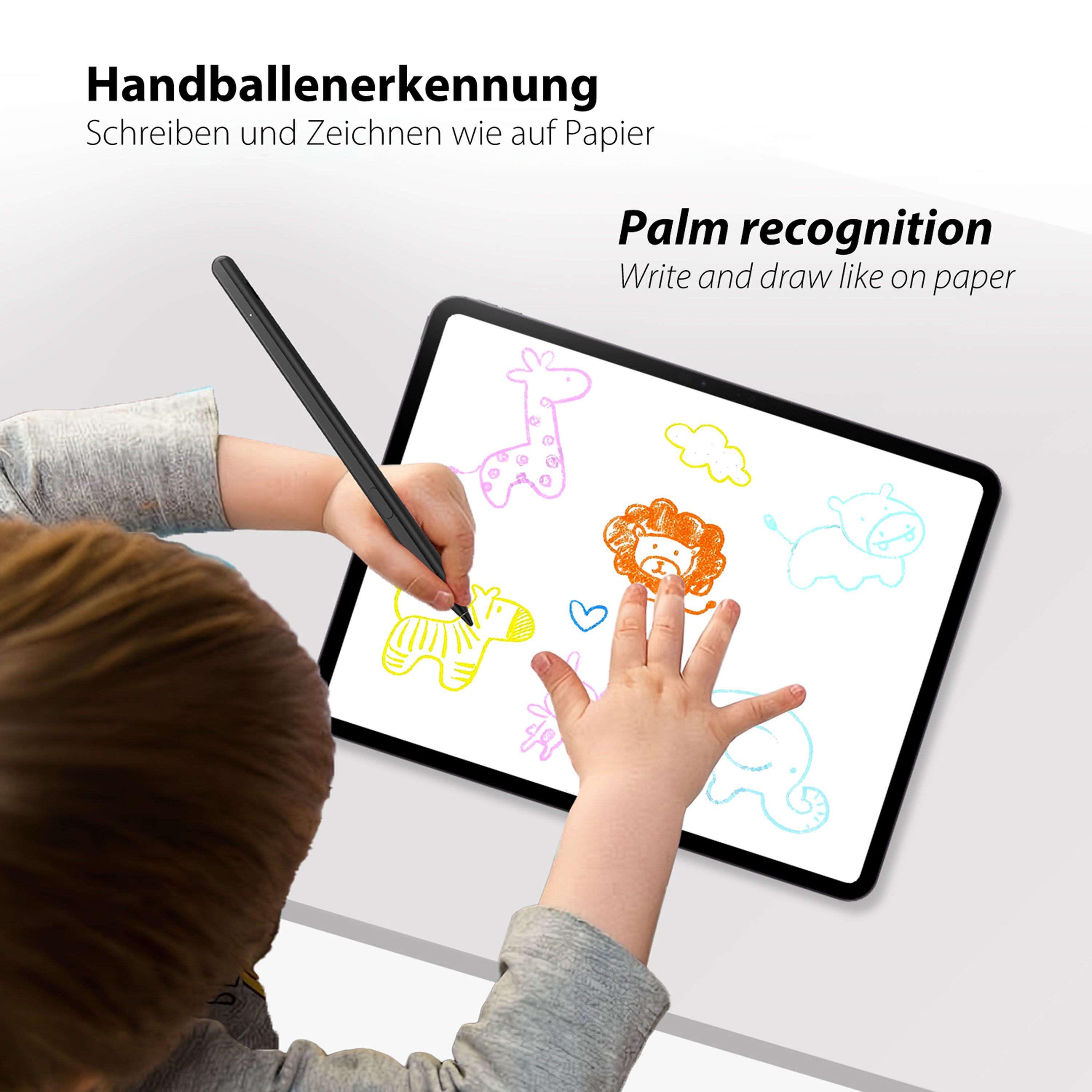 Enfant dessine des animaux colorés sur une tablette avec stylet et main.
