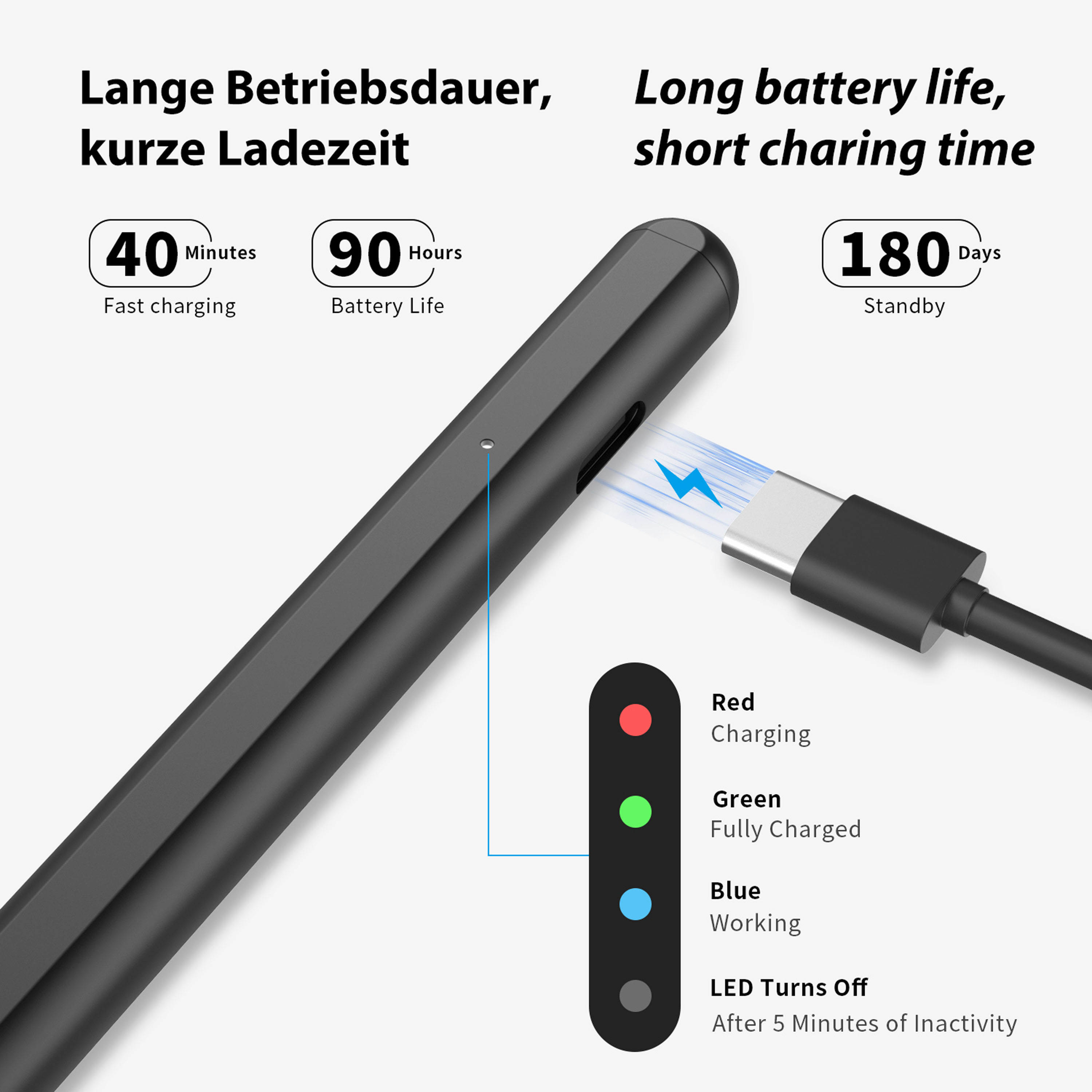 Stylo noir avec câble de chargement USB-C et indicateur LED d'état. Longue durée vie.