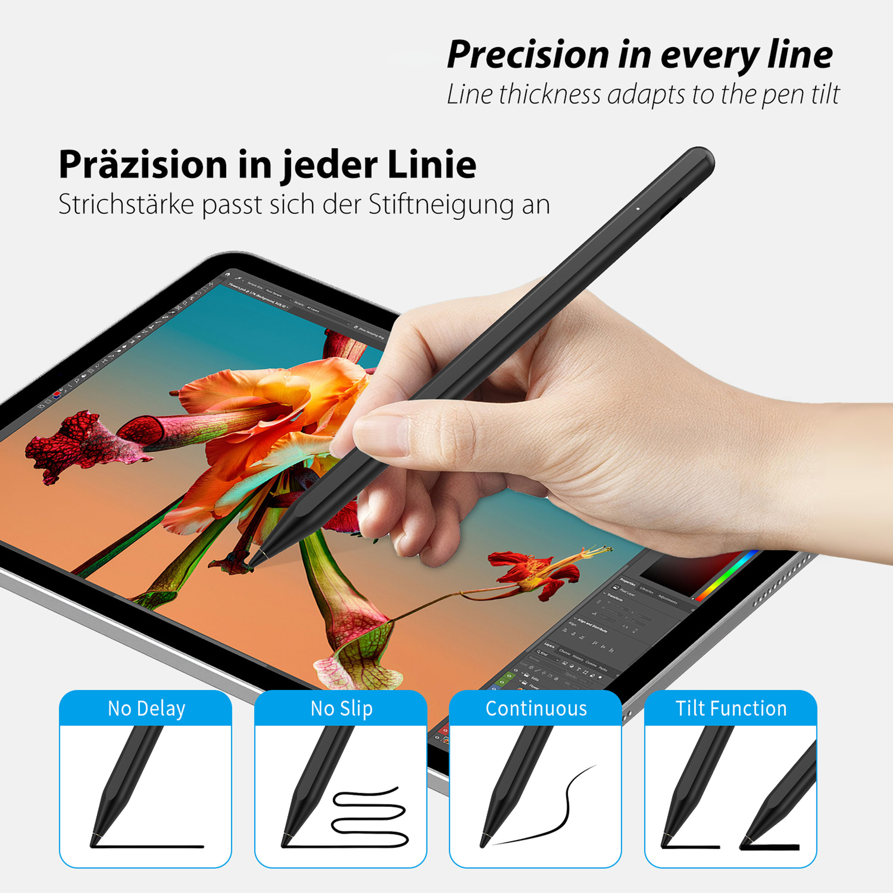 Un stylet sur une tablette affichant des fleurs. Ci-dessous : graphiques pour délai, glissement, continu, inclinaison.