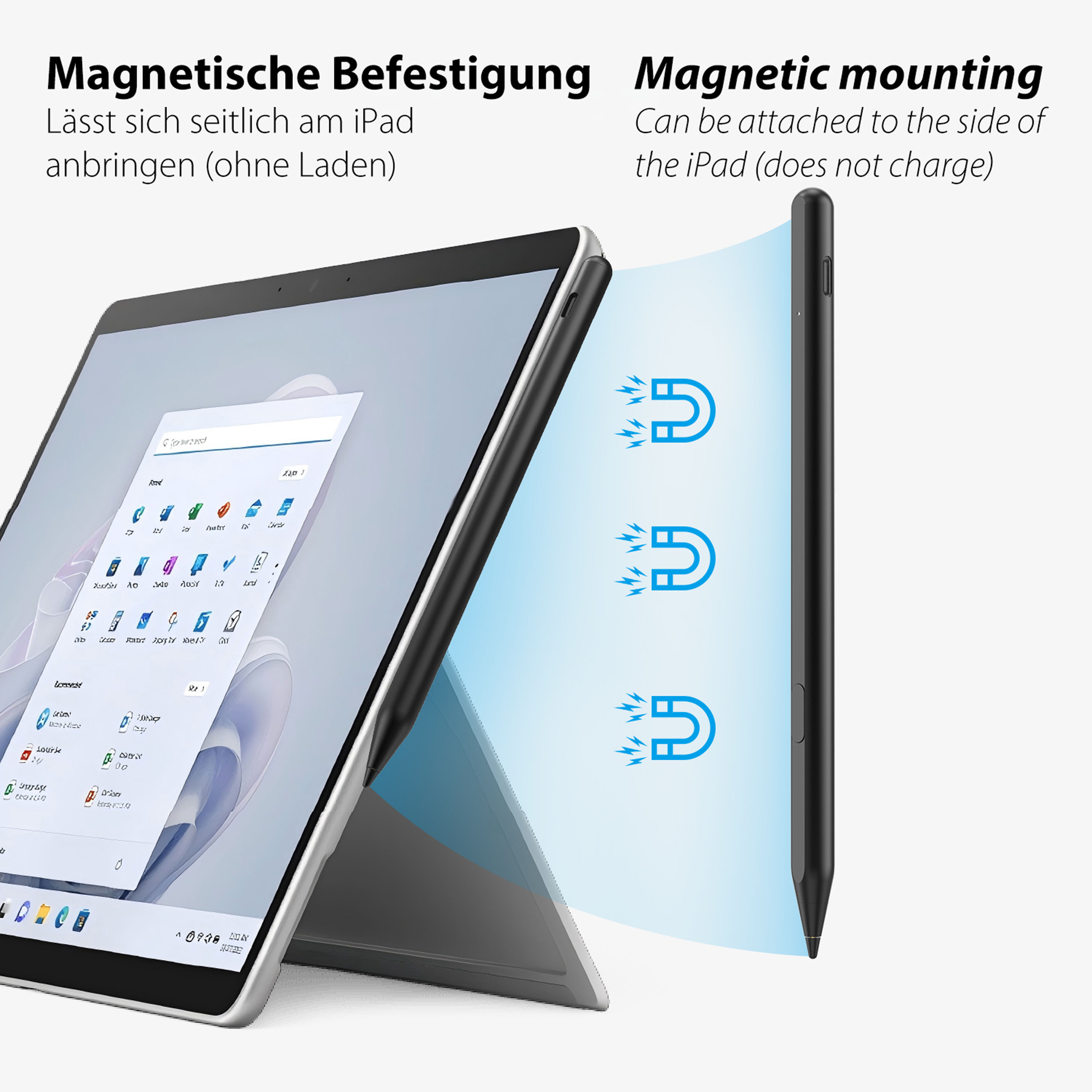 Une tablette avec stylet est fixée magnétiquement sur le côté. Trois icônes d'aimant montrent l'attraction.