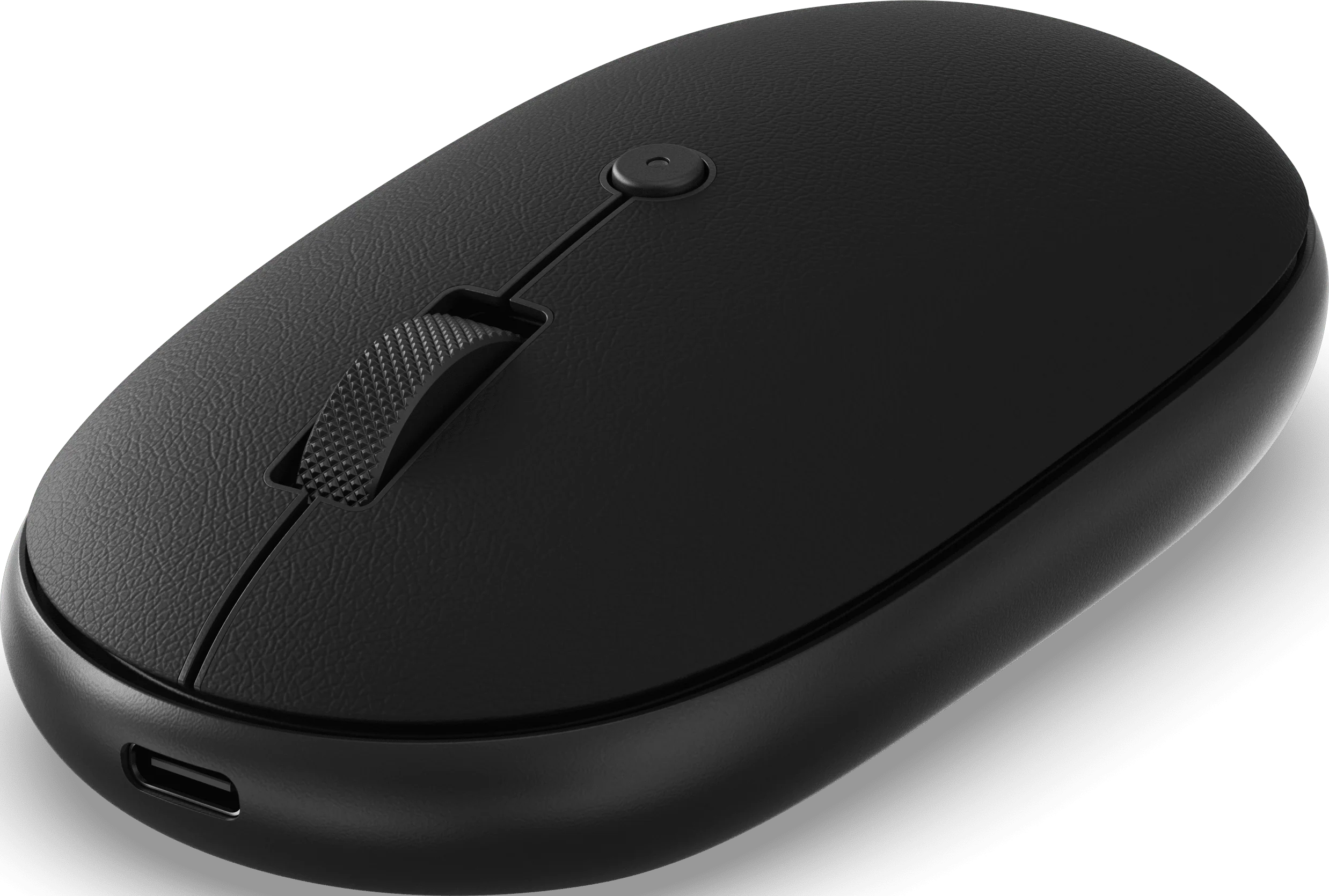 Mouse per computer nero con rotellina, pulsante e porta USB-C.