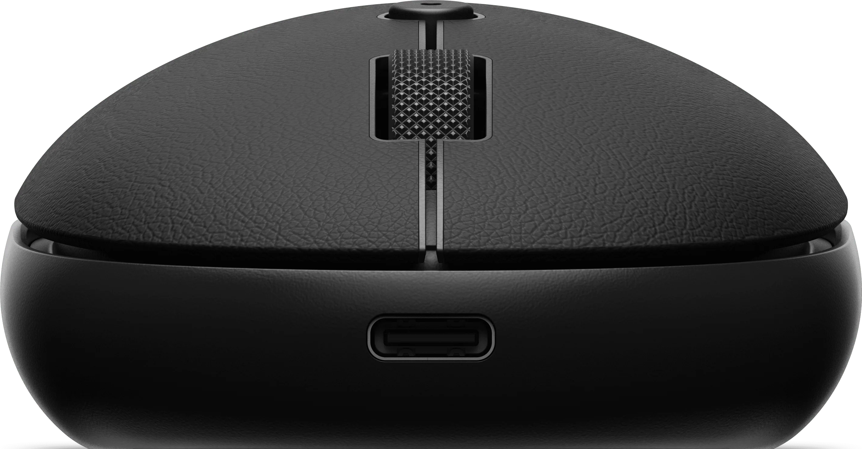 Mouse nero testurizzato con rotellina e porta USB-C in dettaglio.