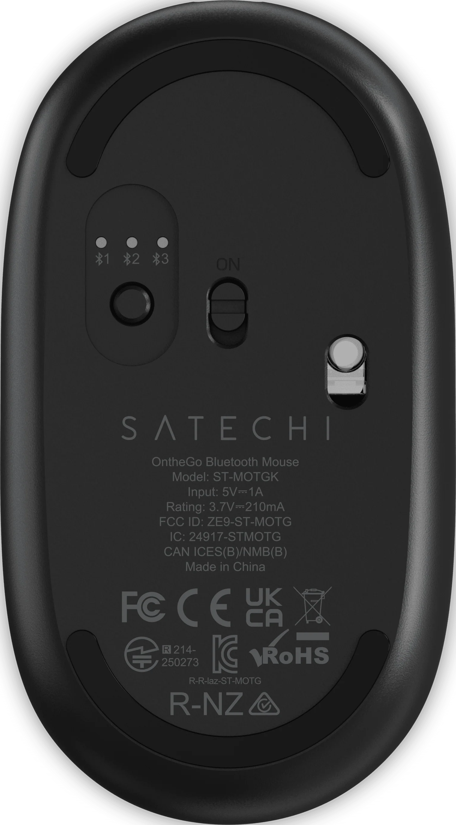 Parte inferiore di un mouse nero con etichette e interruttori.