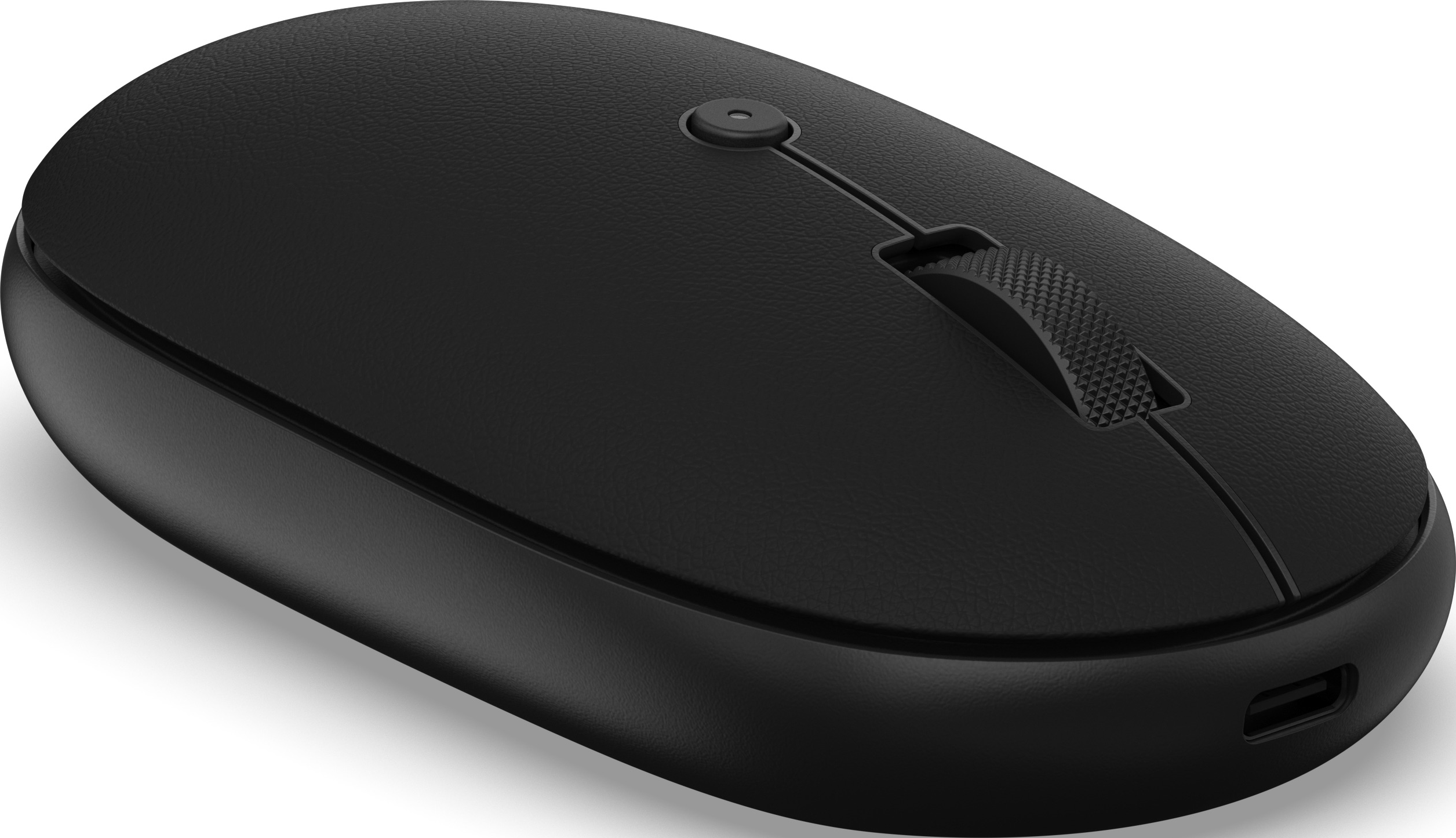 Mouse del computer nero con rotellina di scorrimento e porta USB-C.