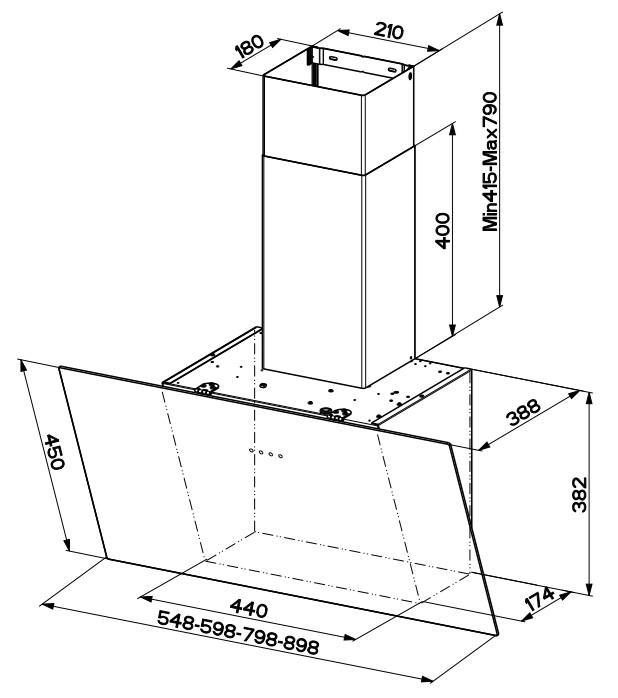 Rysunek techniczny okapu kuchennego z wymiarami.