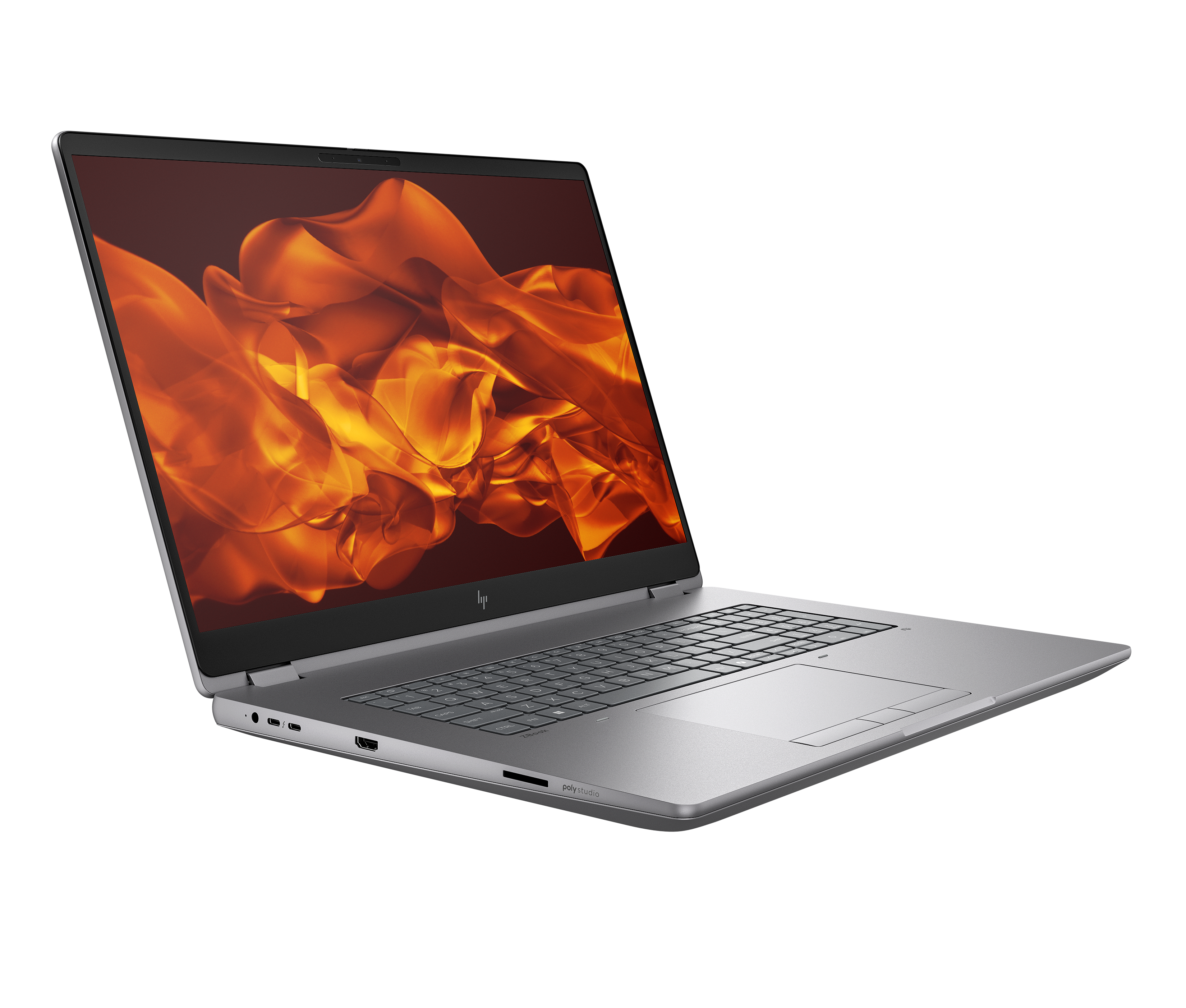 Ein graues Laptop mit einem orangefarbenen Wellenmuster auf dem Bildschirm.