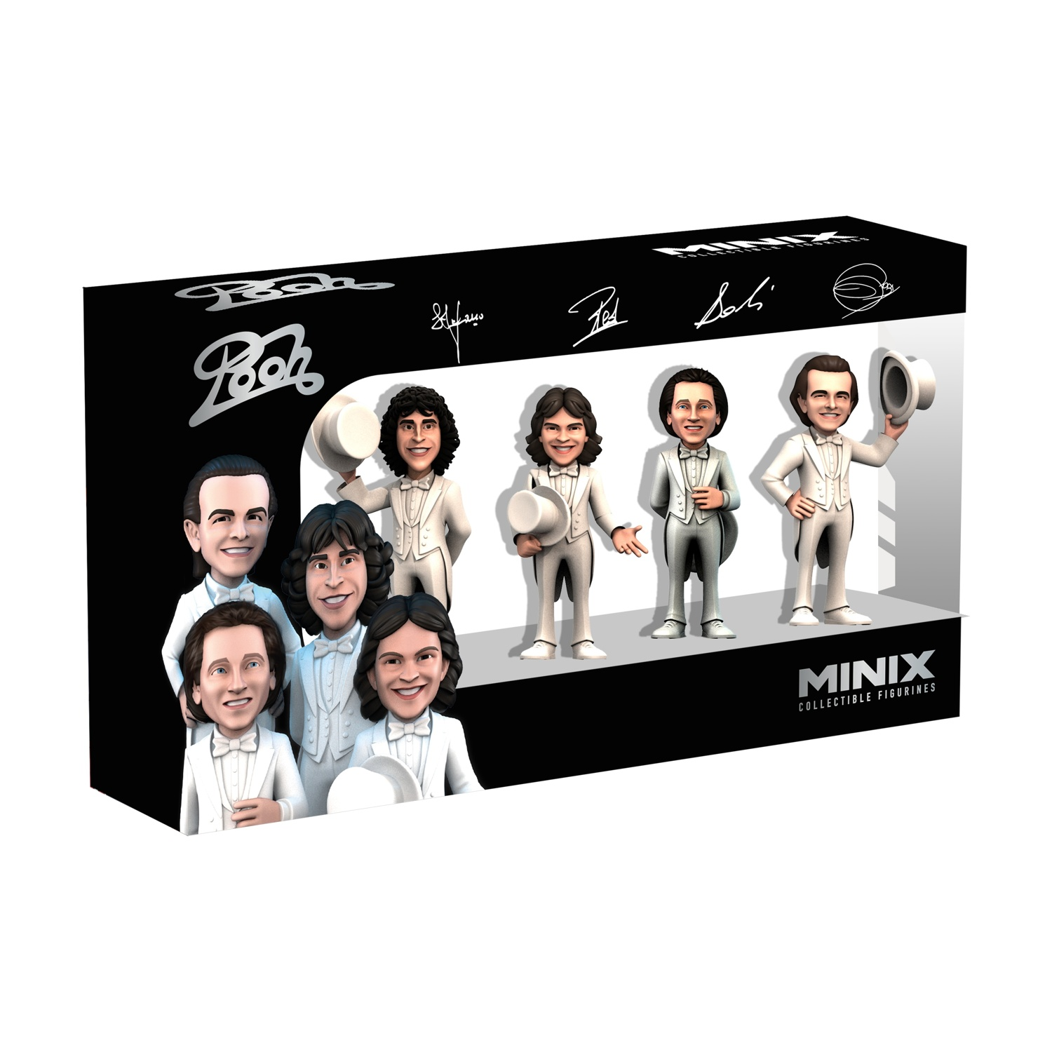 Quattro figure Minix in abiti bianchi su una scatola nera con logo "Pooh".