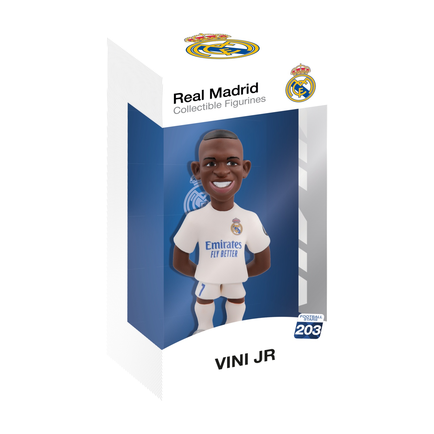 Una statuetta da collezione di Vini Jr. del Real Madrid in maglia bianca con logo.