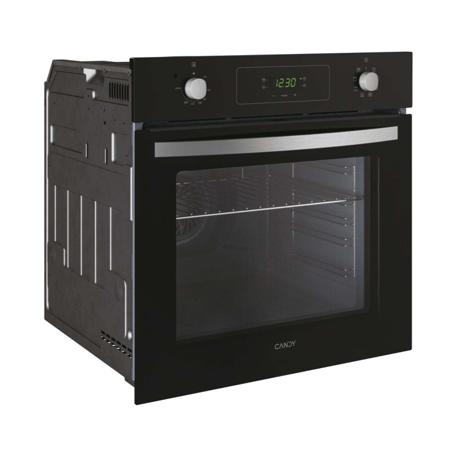 Forno da incasso nero con display digitale e maniglia argentata. Vista laterale.